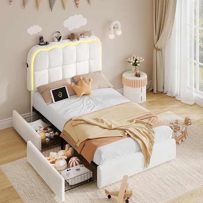 Twin Velvet Platform Bed with Storage & LED Headboard