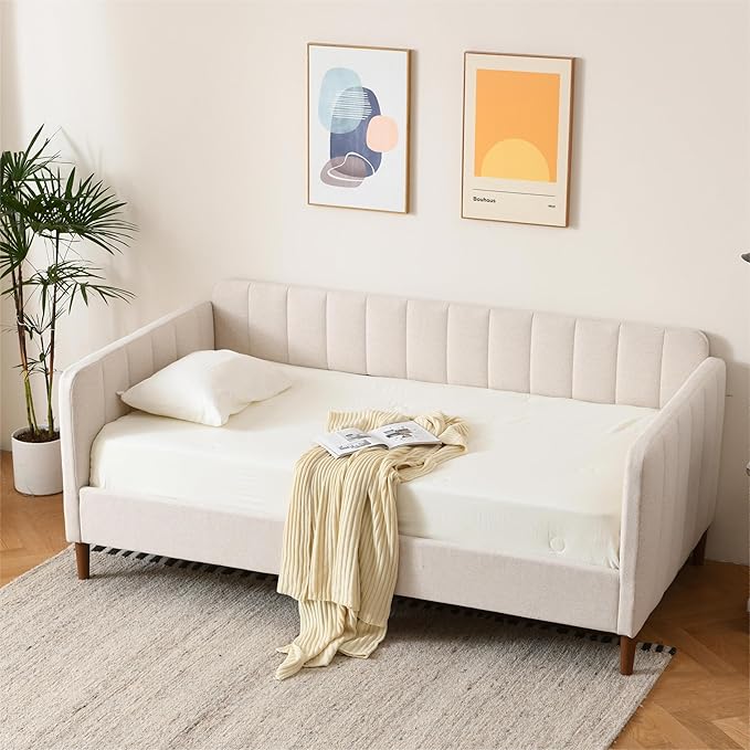 Twin Size Upholstered Daybed with Wood Slat Support - Light Green
