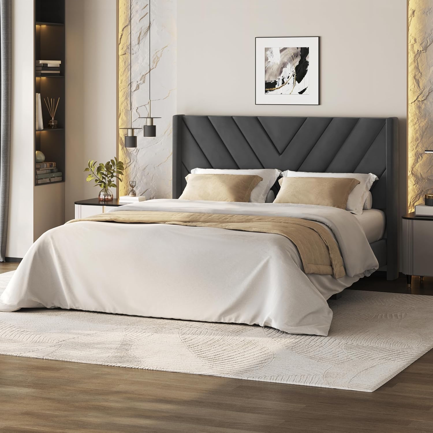 Queen Upholstered Platform Bed Frame with Tufted Wingback Headboard