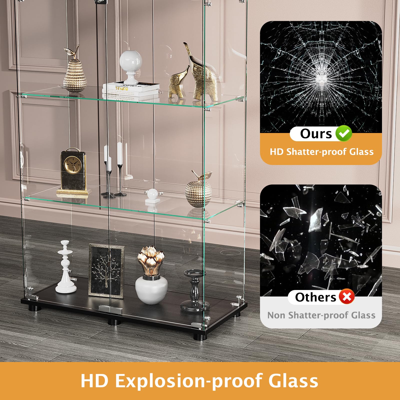 Glass Display Cabinet with 4 Shelves Double Doors Black