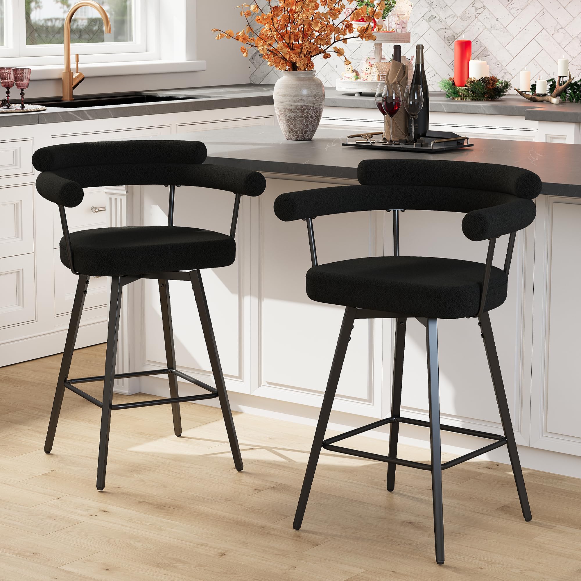 26" Swivel Bar Stools Set of 2 Black Boucle Counter Height