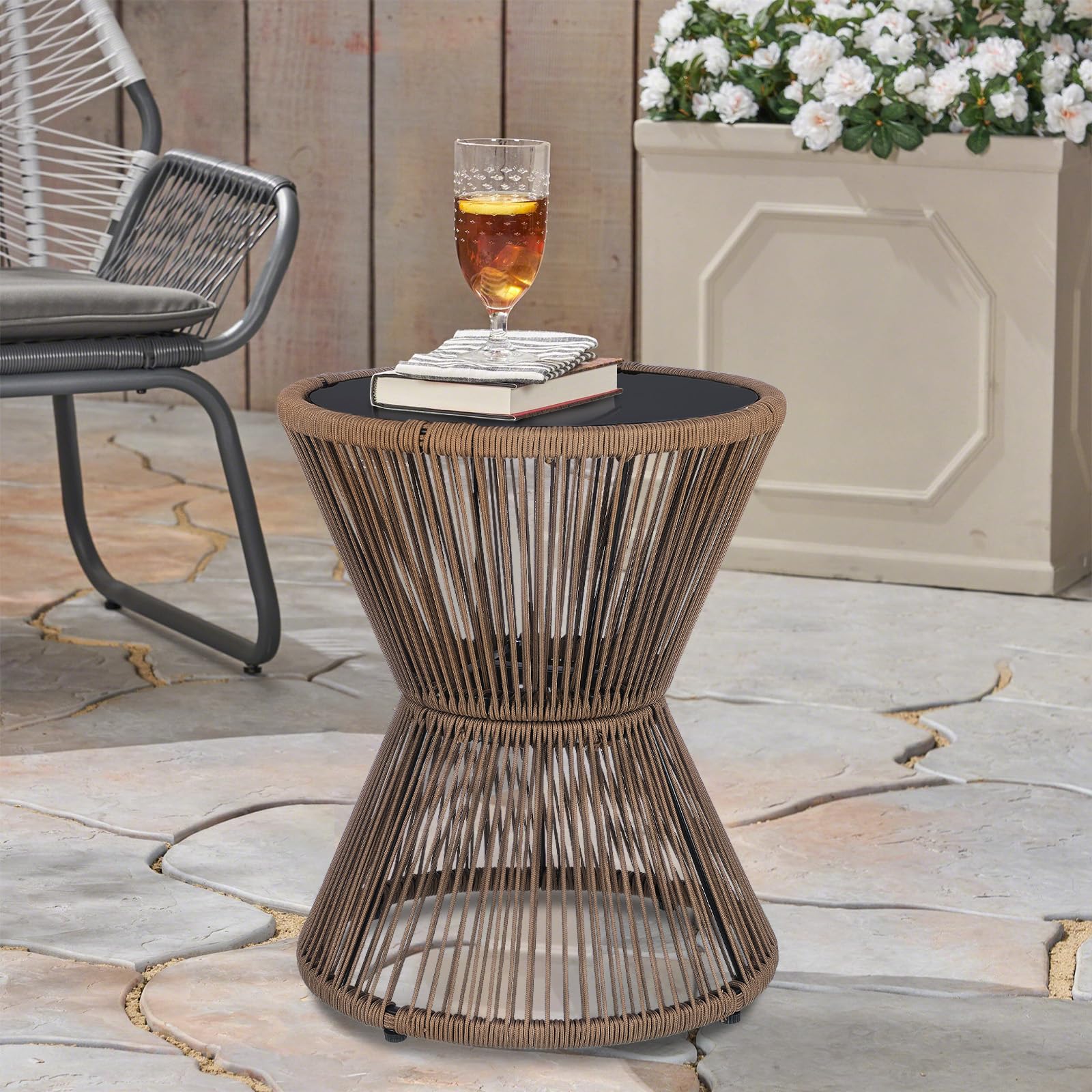 Woven Rope Side Table with Glass Top