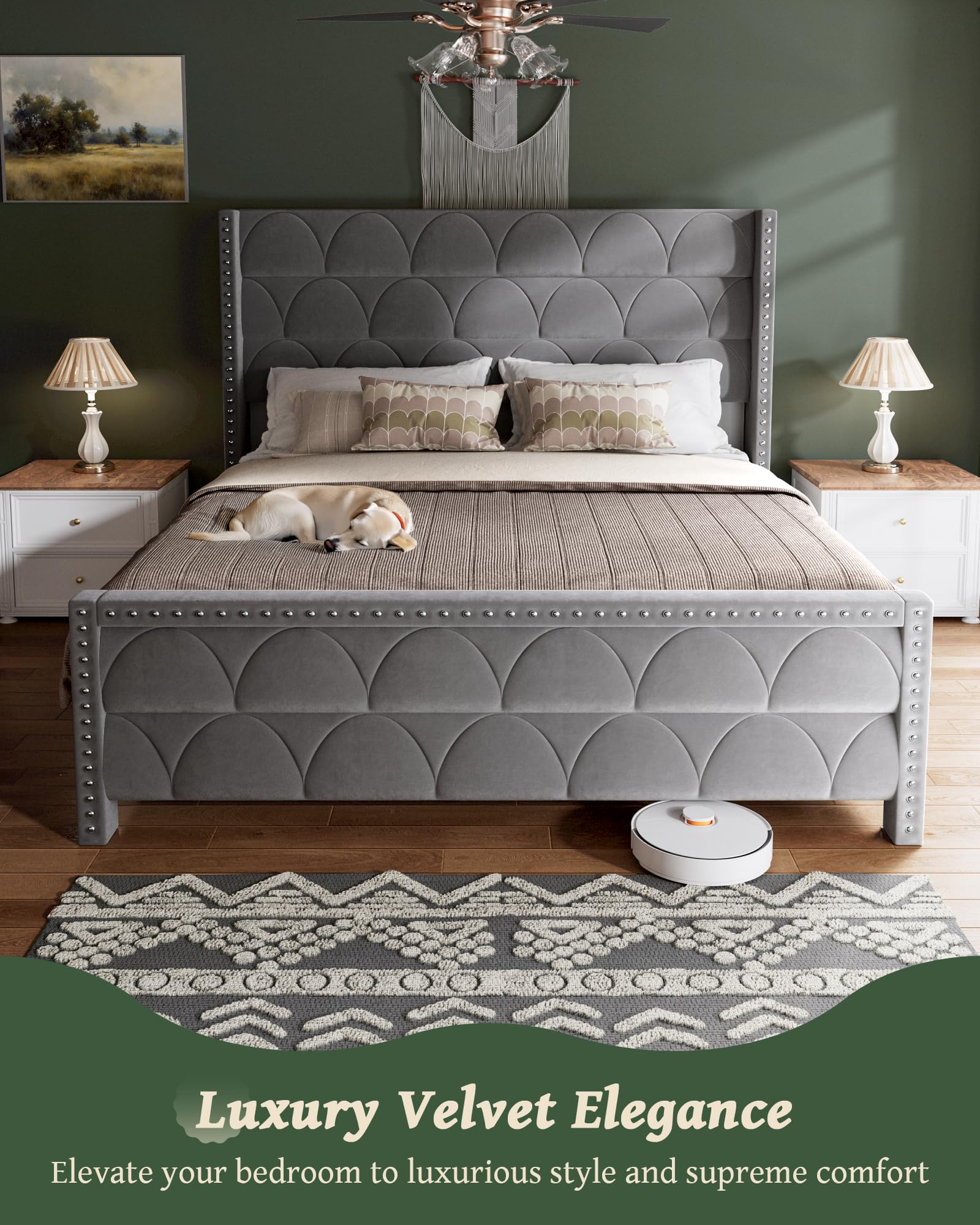 King Size Velvet Upholstered Wingback Platform Bed Frame with 56" Headboard