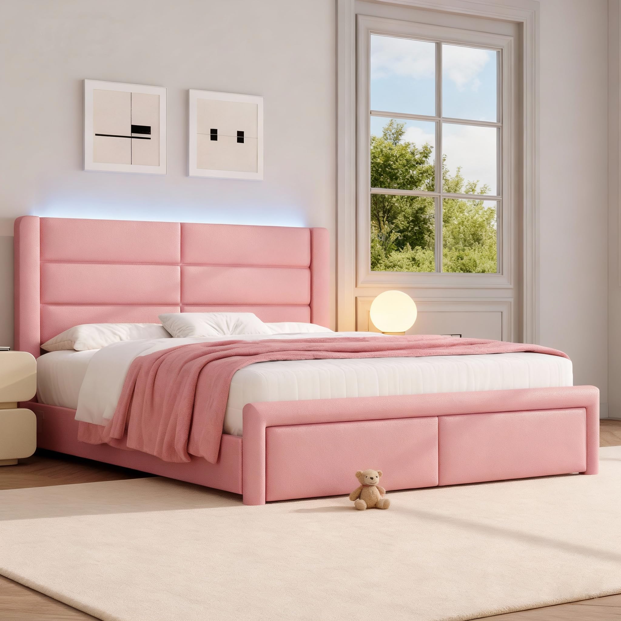 Queen Upholstered Bed Frame with Headboard and LED Lights, Modern Faux Leather Bed Frame with Wooden Slats Support and Heavy Duty Mattress Foundation, No Box Spring Needed, Easy Assembly, Pink