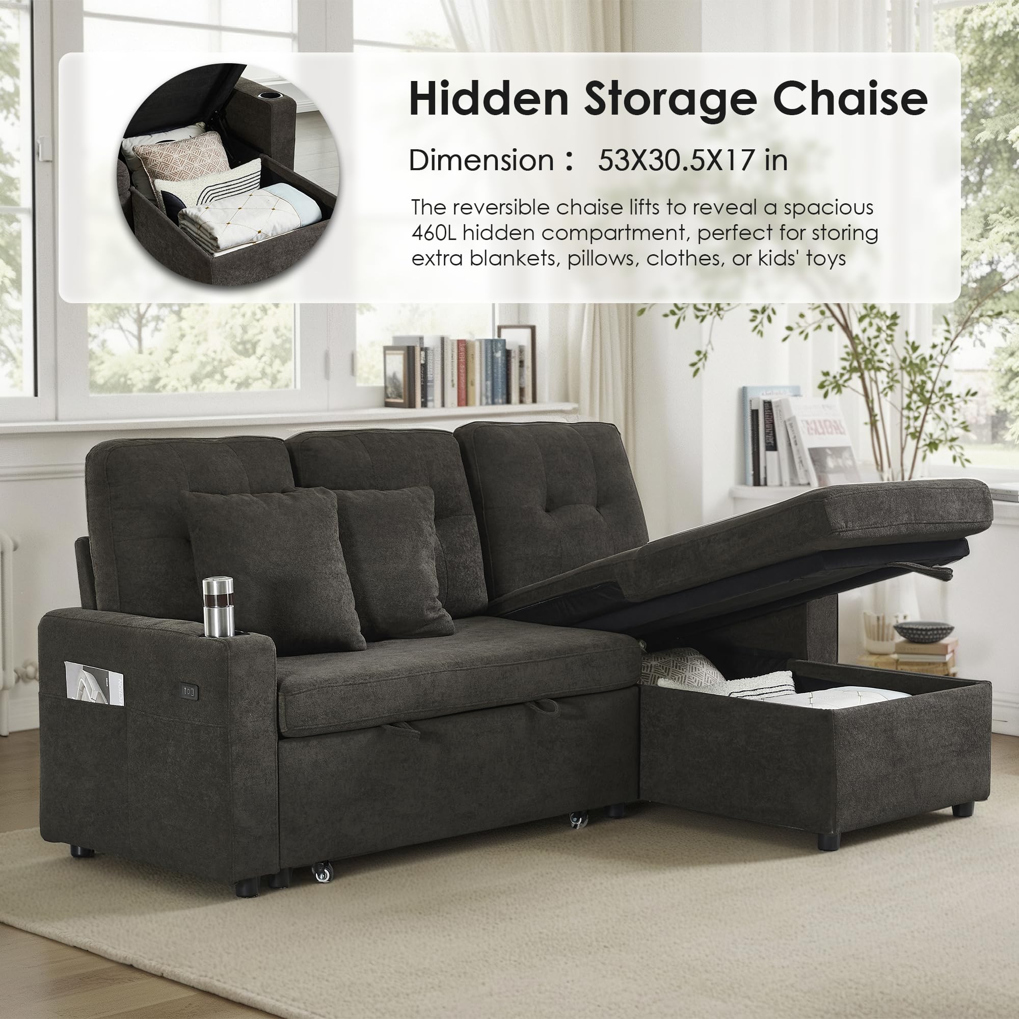 Reversible Sectional Sleeper Sofa with Storage Chaise