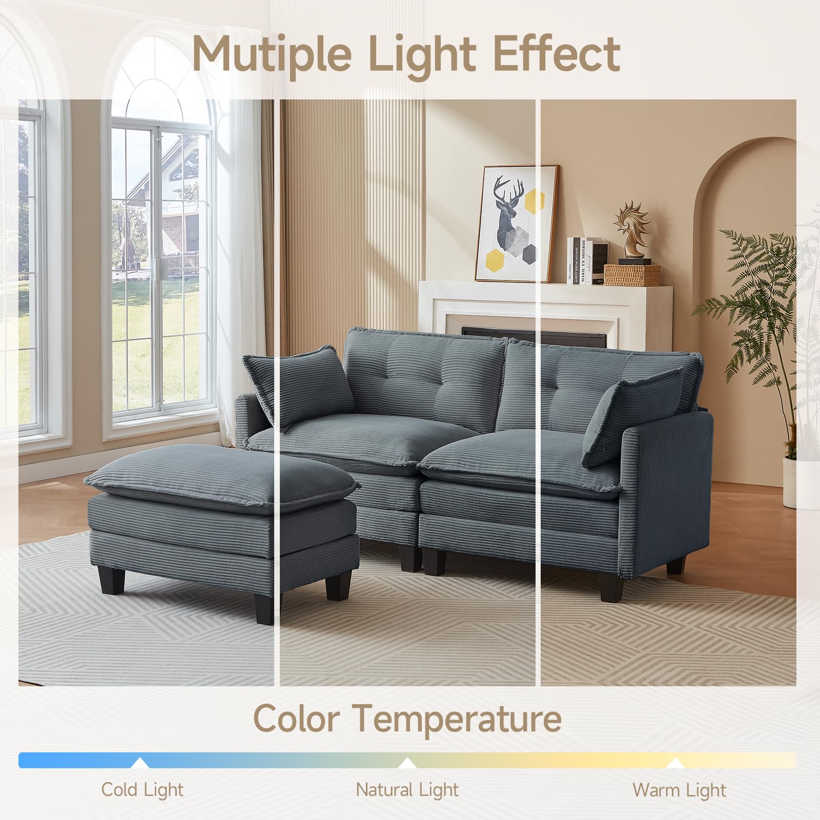 76.5" L-Shaped Modular Sectional Sofa with Ottoman - Grey Corduroy