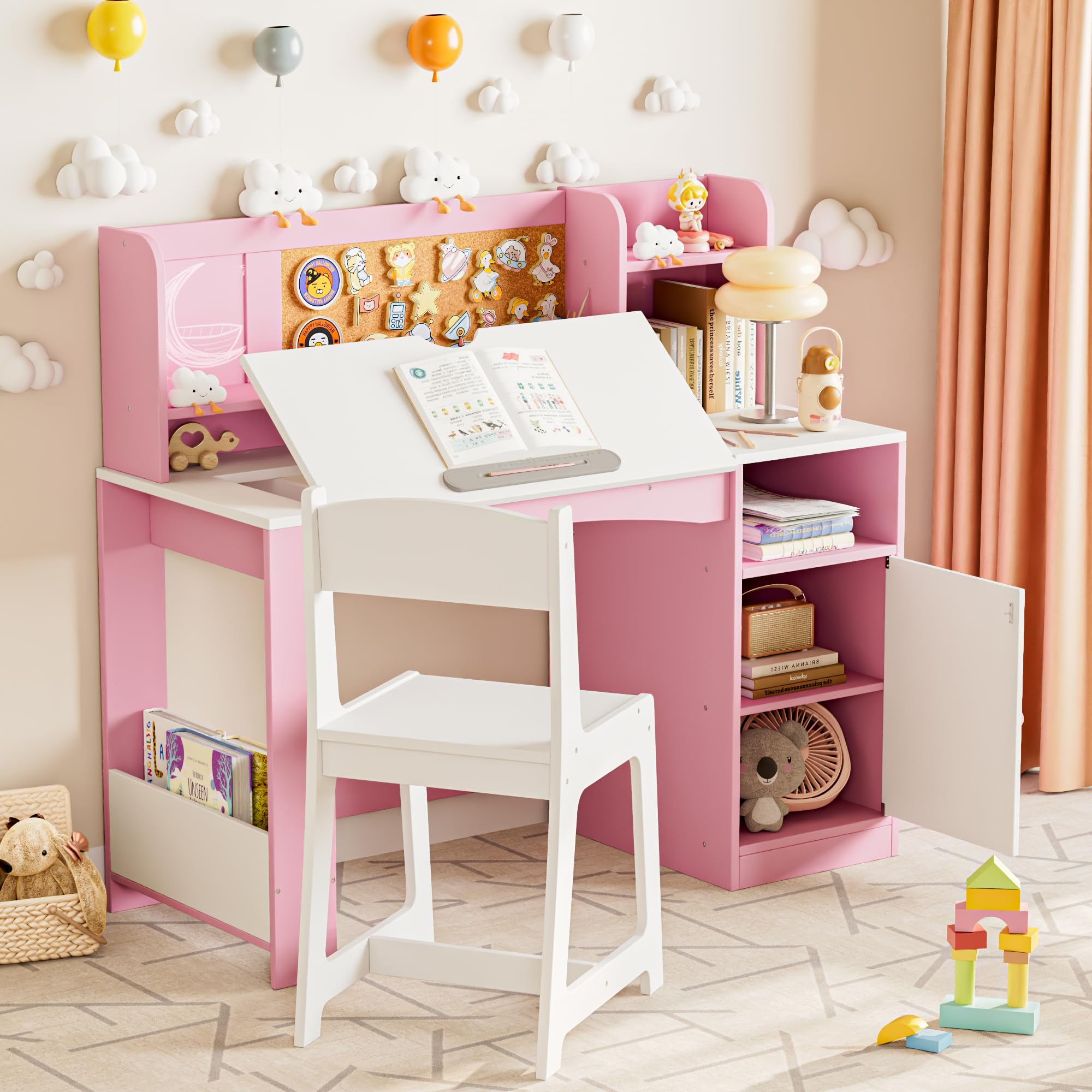Betterhood Kids Study Desk and Chair Set, Kids Desks with Hutch Storage and Tiltable Desktop, Wooden Children Study Table for 5-12 Years Old Girls, Student Writing Desk for Bedroom (Pink)