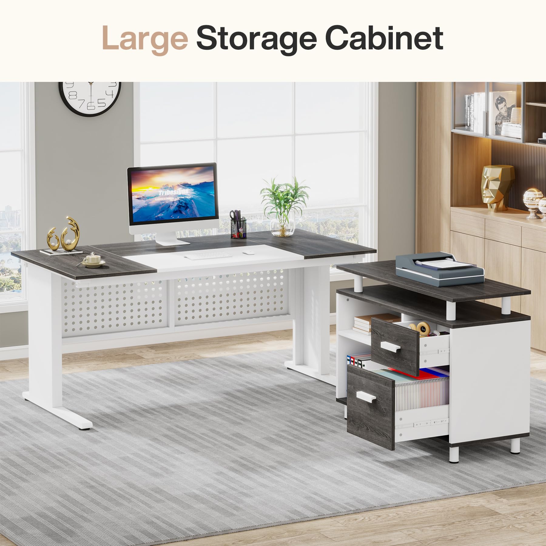 63 Inch L-Shaped Executive Desk with File Cabinet and Storage Shelves
