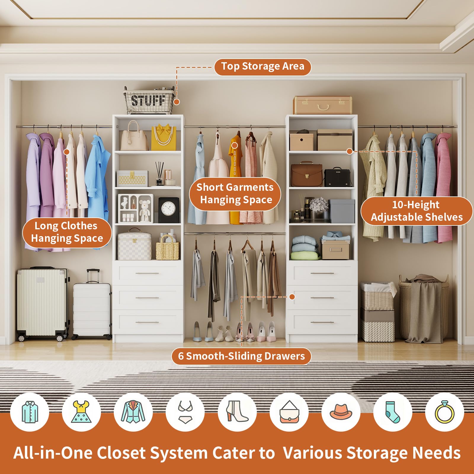 Closet Organizer System with 6 Drawers and 8 Hanging Rods