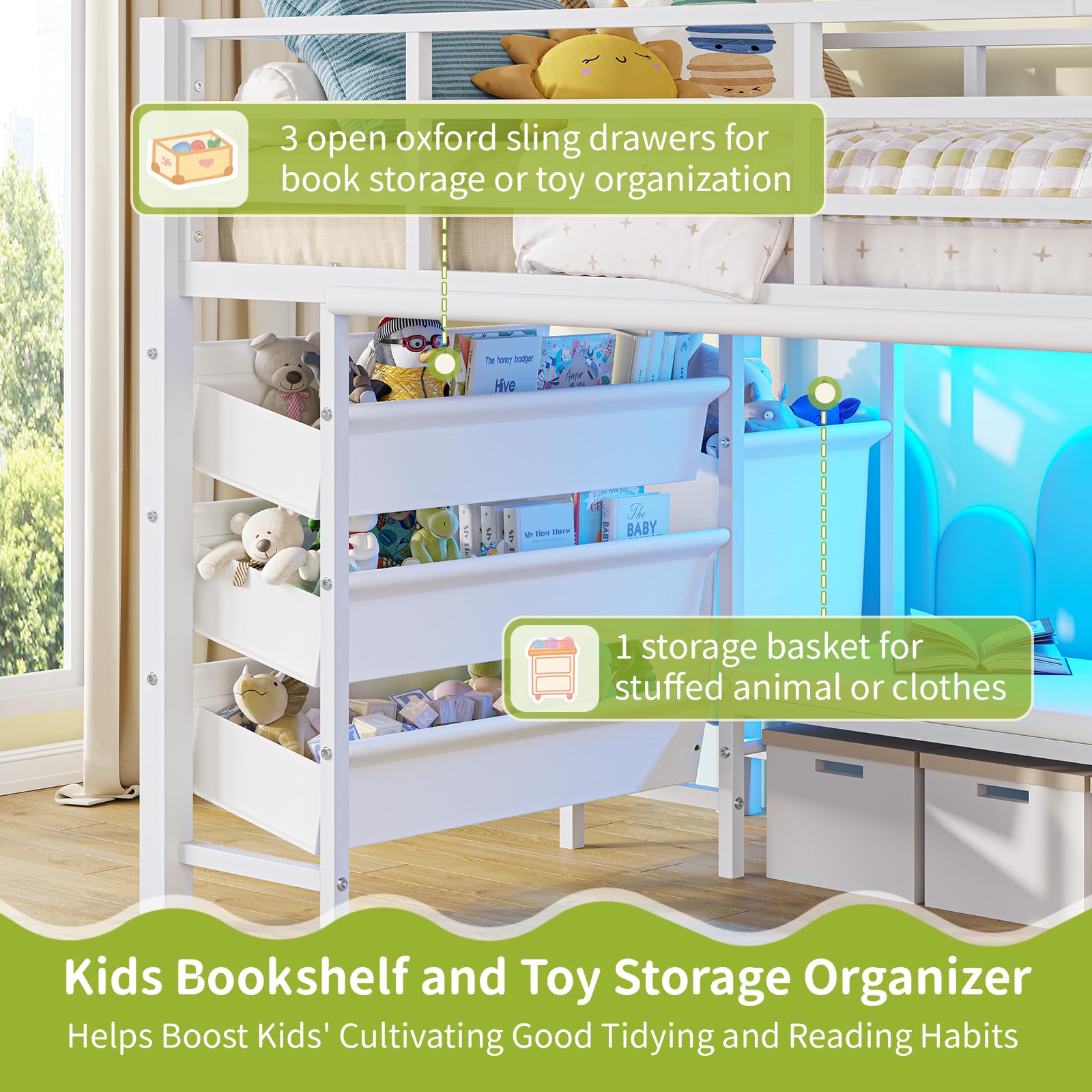 Low Loft Twin Bed with Reading Corner and LED Lights