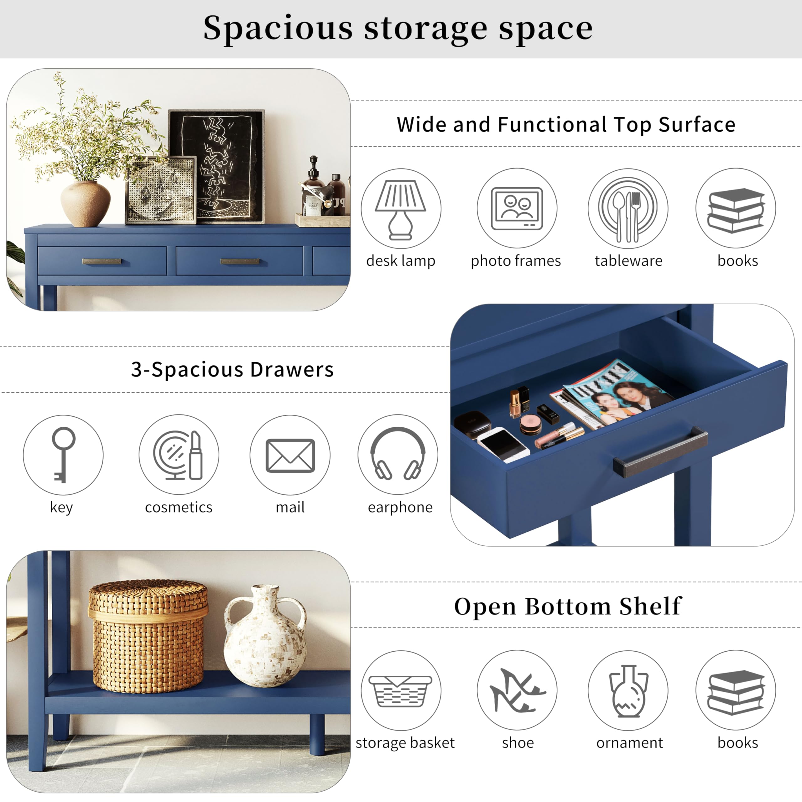 Entryway Console Table with 3 Storage Drawers and Bottom Shelf