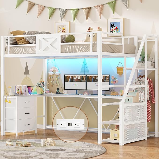 Full Size Loft Bed with Desk and Storage