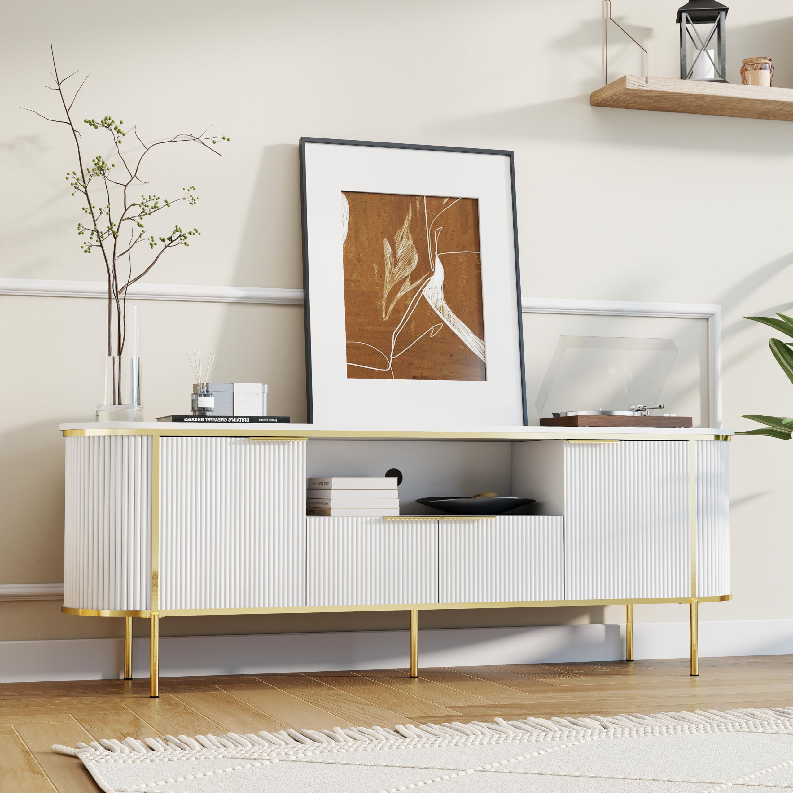 70" White and Gold TV Stand with Faux Marble Top