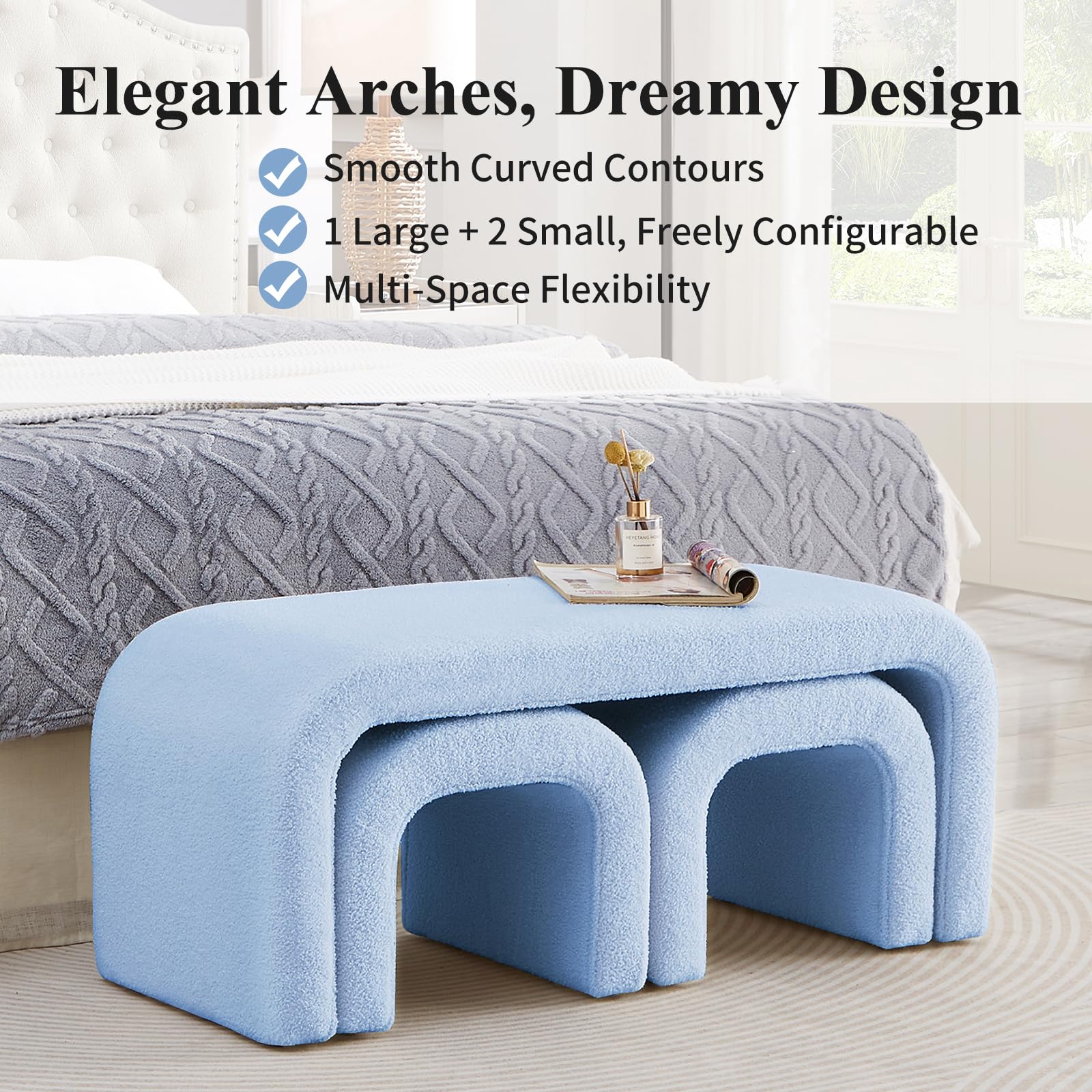 Sudwesto 3-Piece Modern Ottoman Bench Set, 44" Wide Teddy Upholstered End of Bed Bench with 2 Foot Stools, Padded U-Shaped Entry Bench Vanity Stool for Living Room Bedroom (Light Blue)