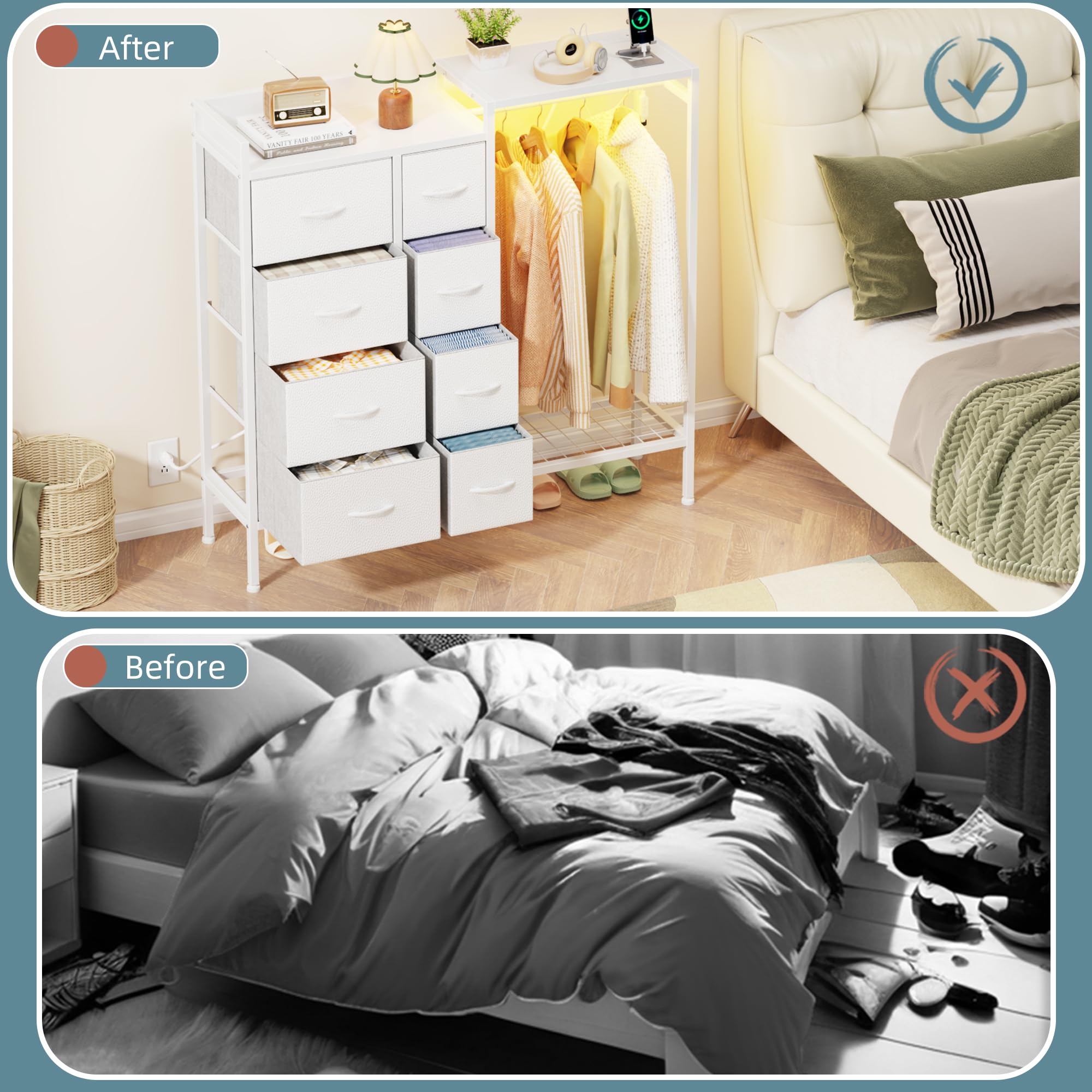 8-Drawer Dresser with Hanging Rack, Charging Station & LED Lights