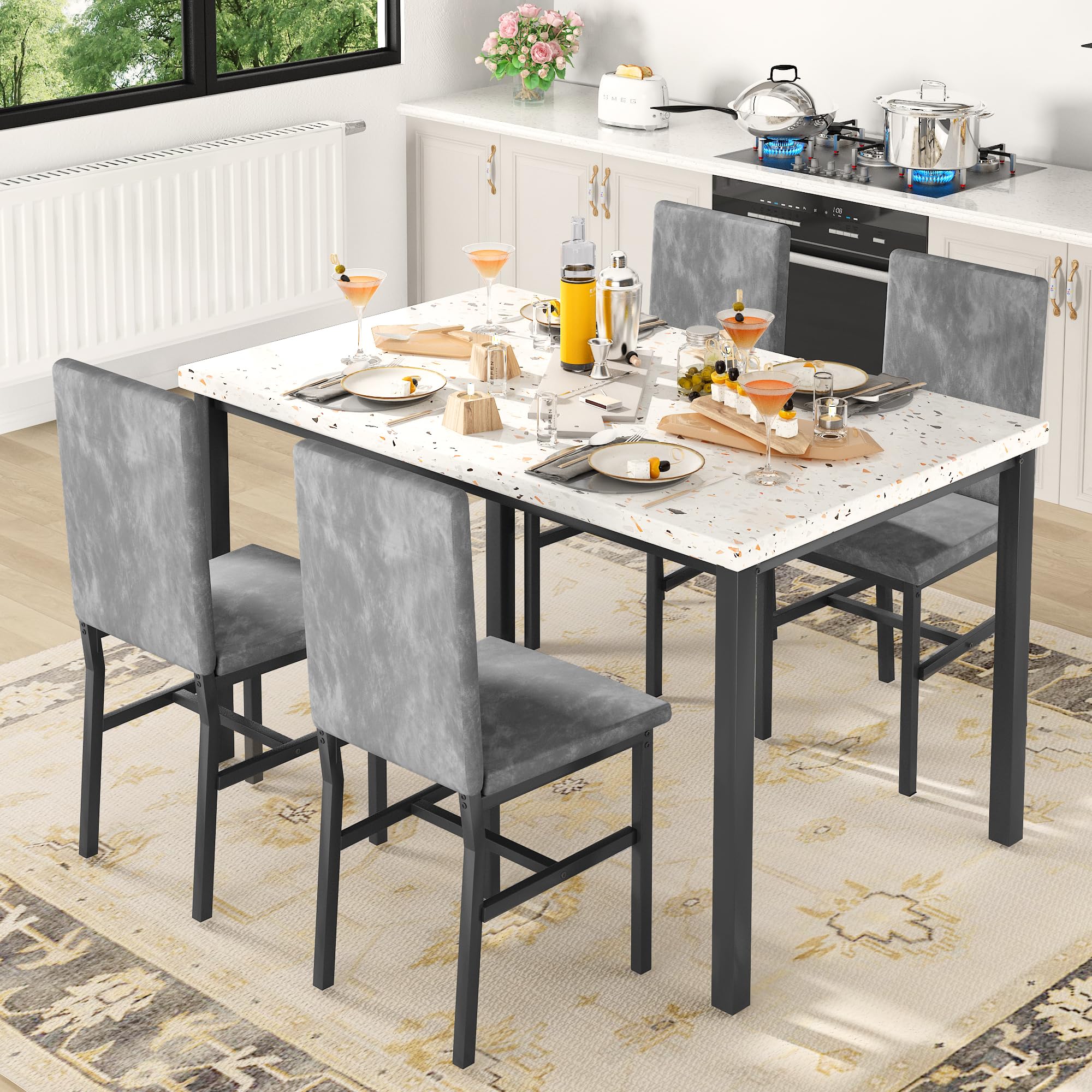 5-Piece Dining Table Set with Upholstered Chairs