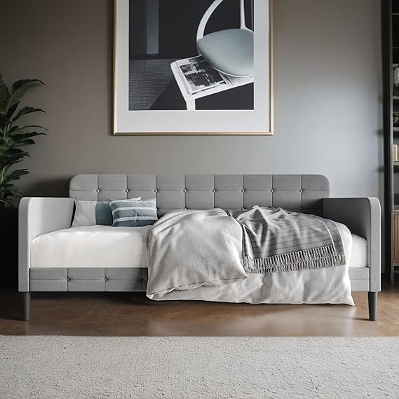 Fallon Linen Upholstered Button Tufted Daybed with Square Recessed Arms - Black