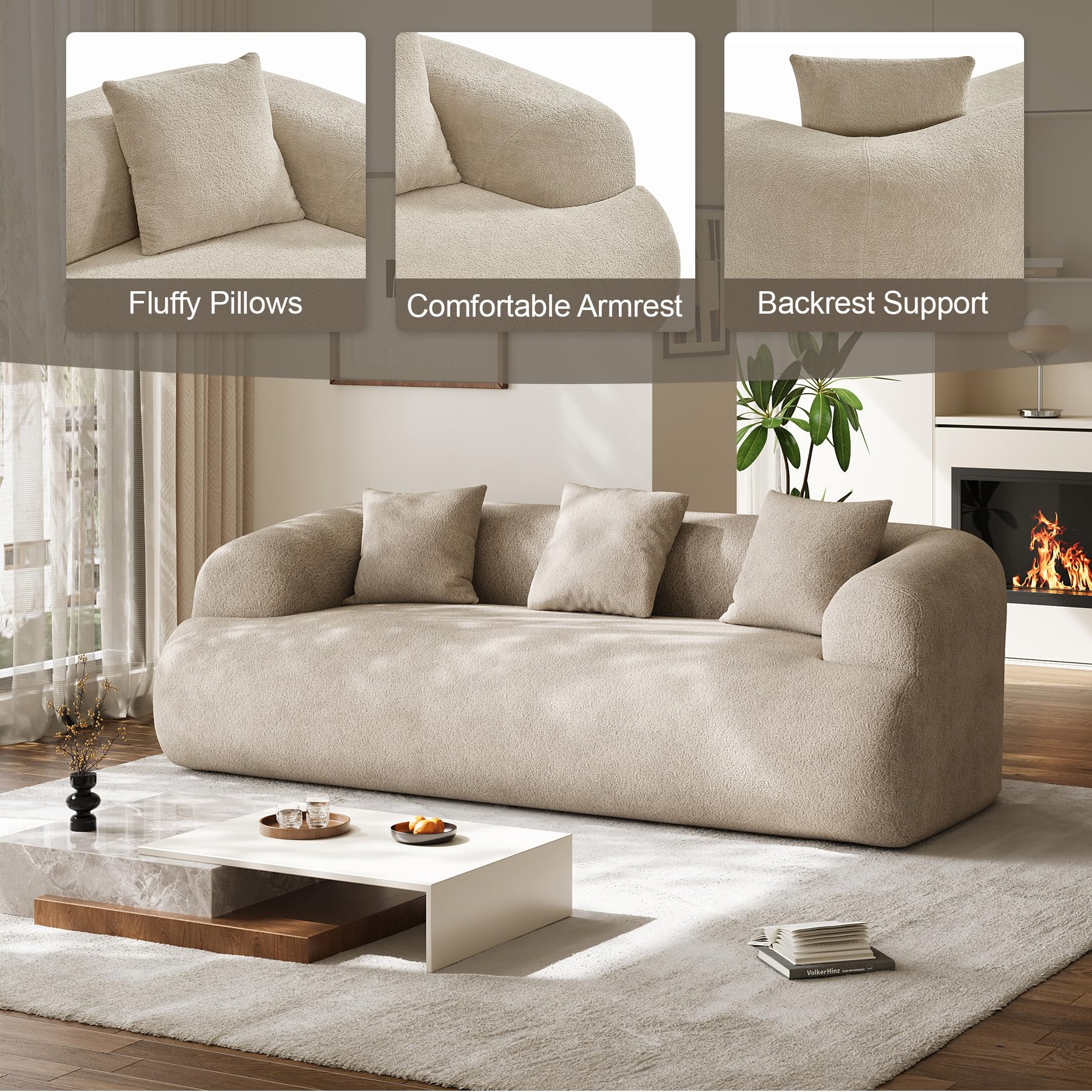 Chenille Curved Cloud Sofa 3-Seater with Pillows
