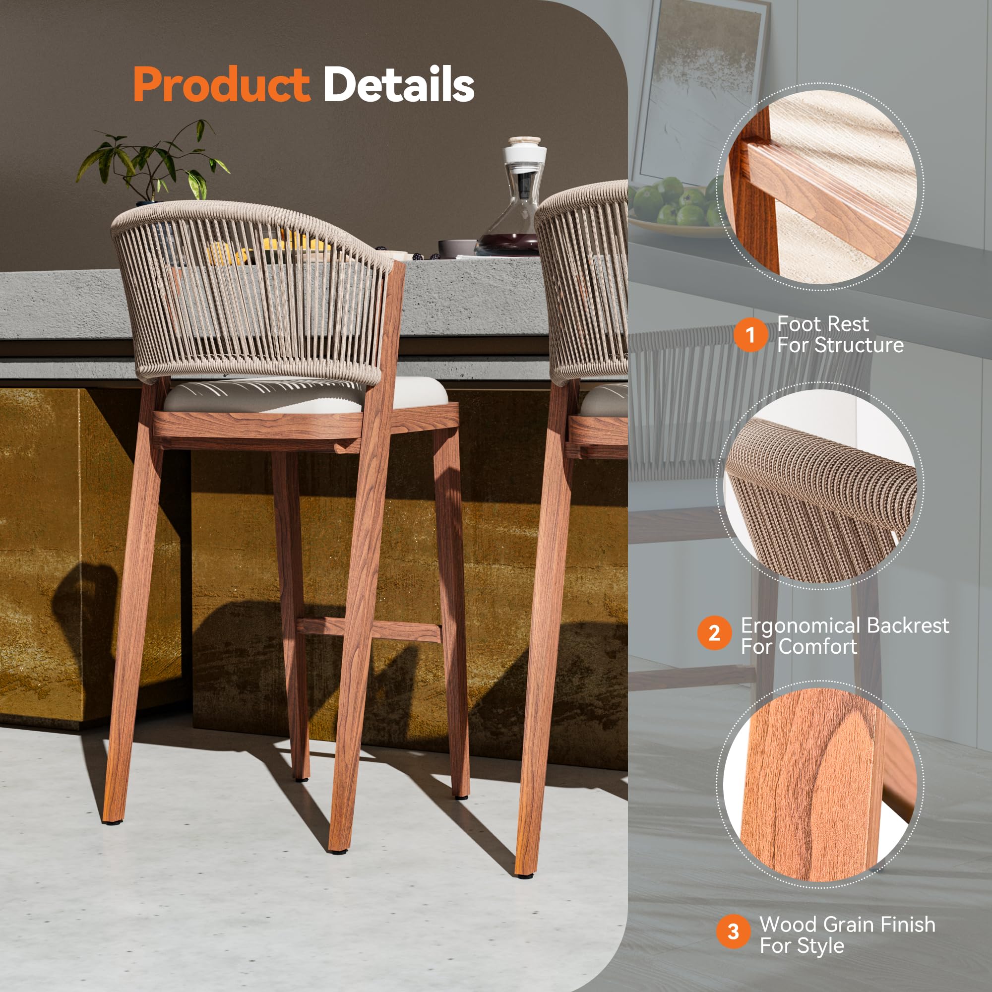 Outdoor Bar Stools Set of 2 with Rope Woven Backrest