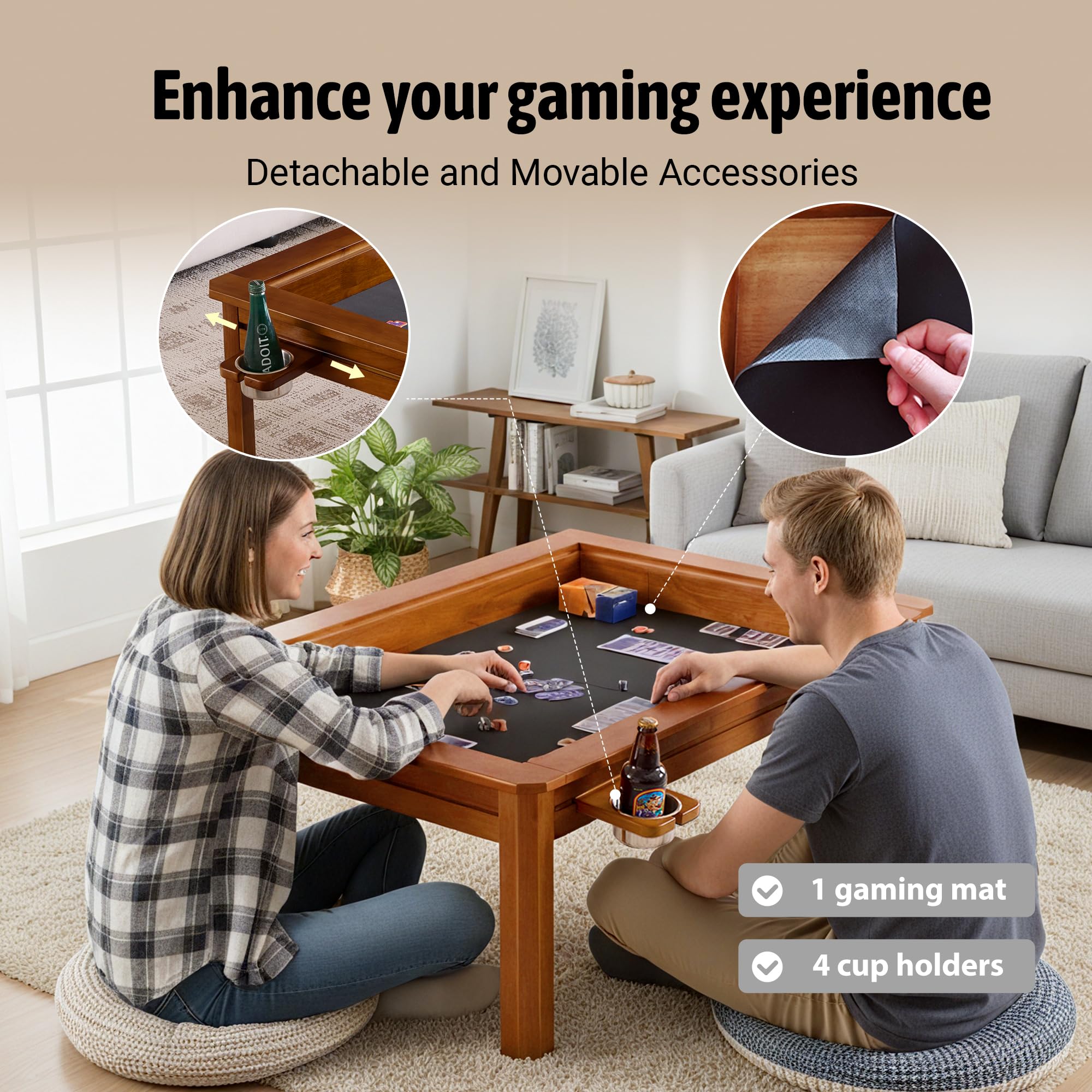 Solid Wood Board Game Coffee Table with Removable Top 3-in-1