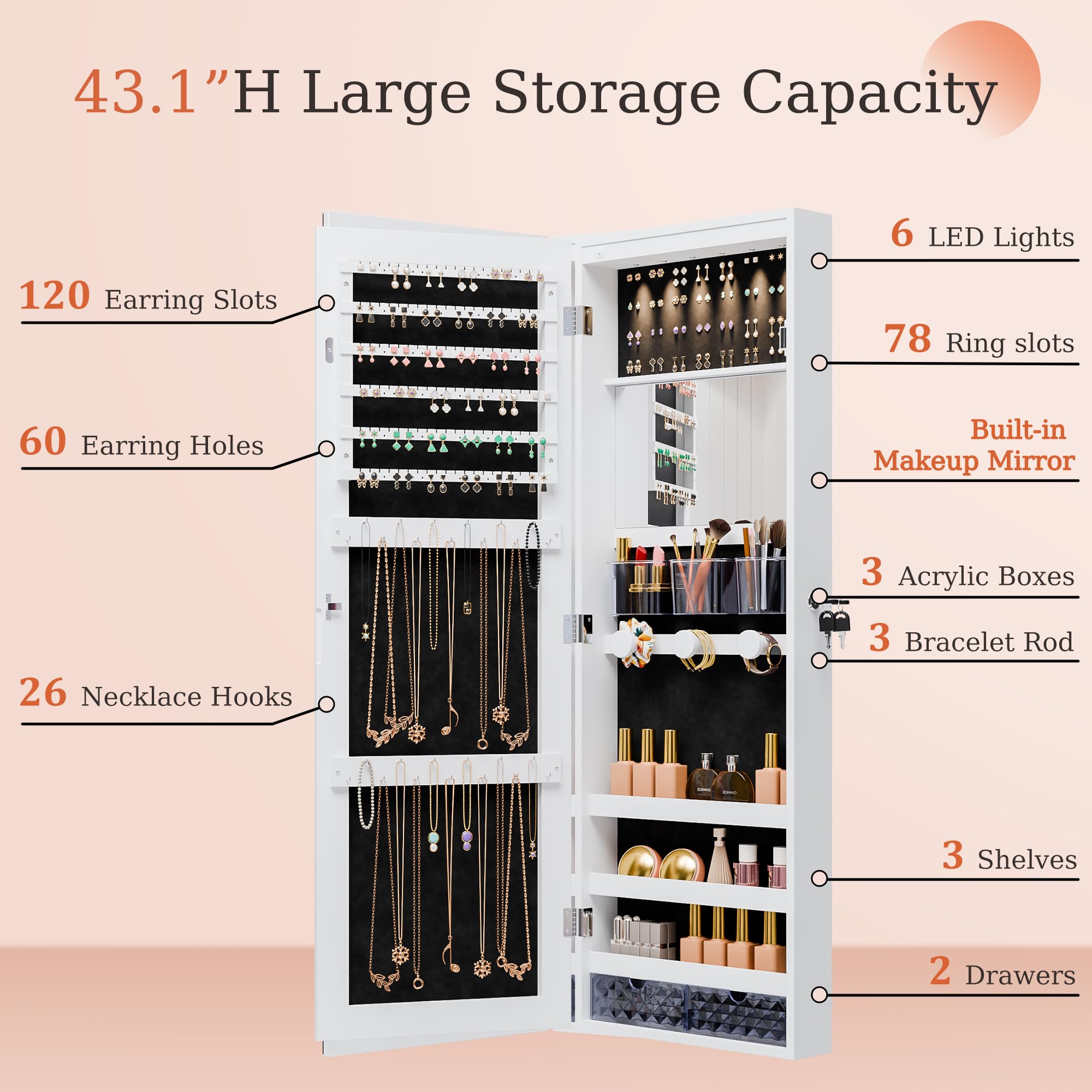 Wall Mounted Mirror Jewelry Cabinet with LED Lights