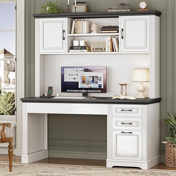 Farmhouse Computer Desk with Hutch and 3 Drawers