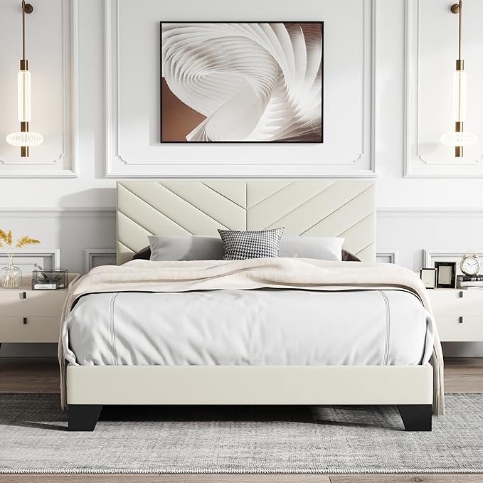 Queen Platform Bed Frame with Upholstered Headboard