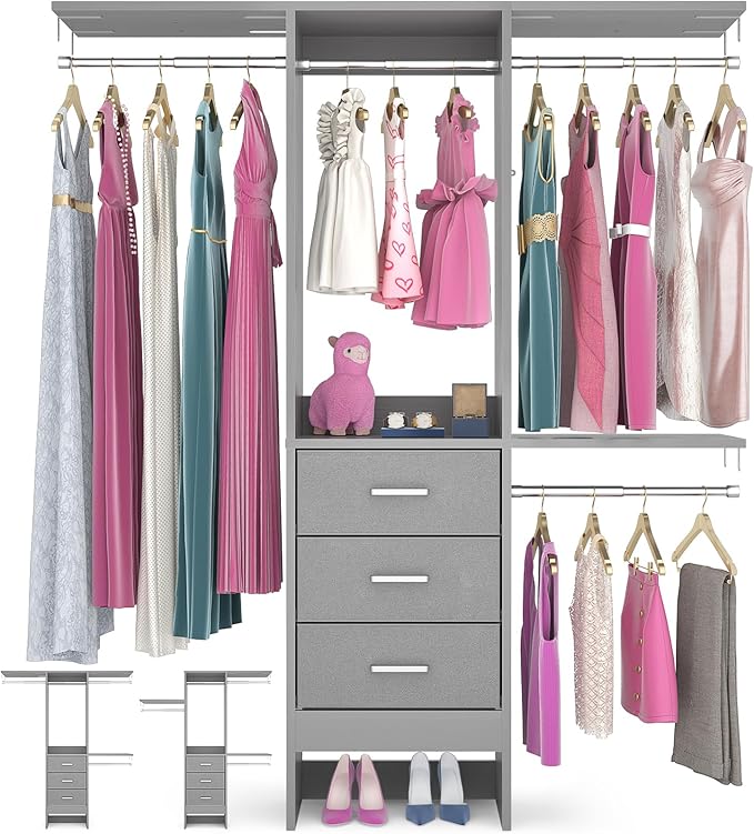 4ft Closet Organizer System with 3 Fabric Drawers and Adjustable Shelves