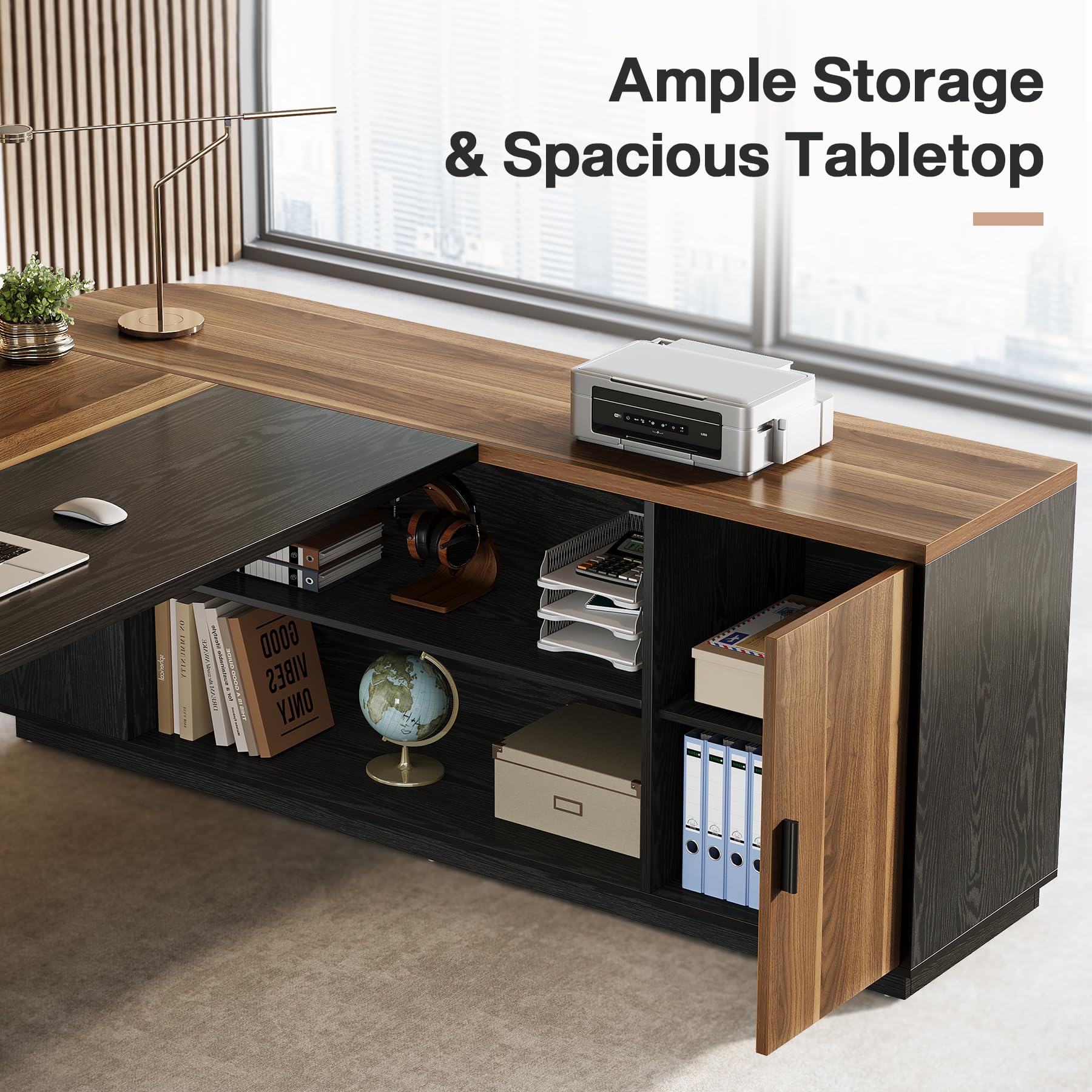 79-Inch L-Shaped Executive Desk with Storage Cabinet