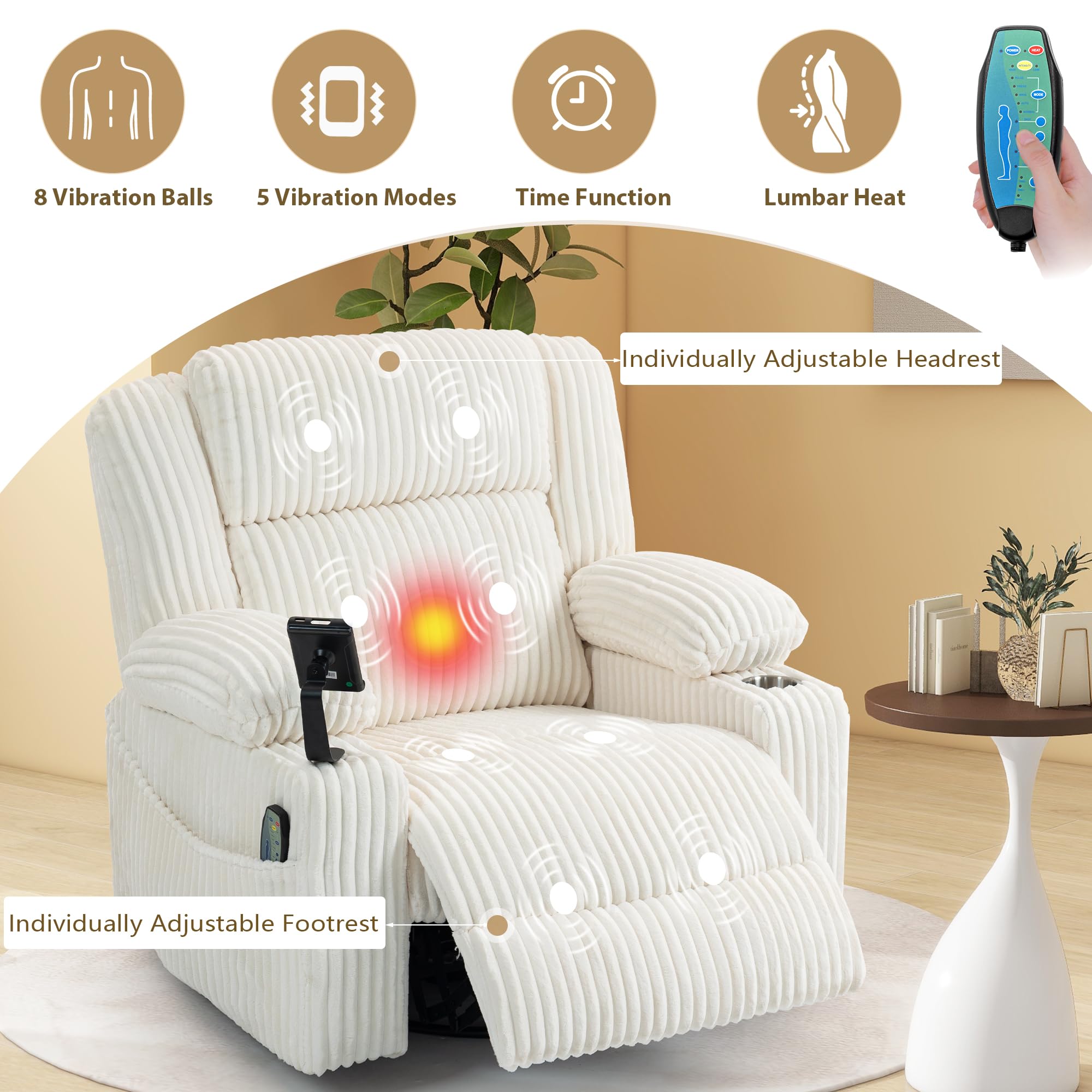 Power Swivel Rocker Recliner with Dual Motor, Vibration, Heat & USB Ports