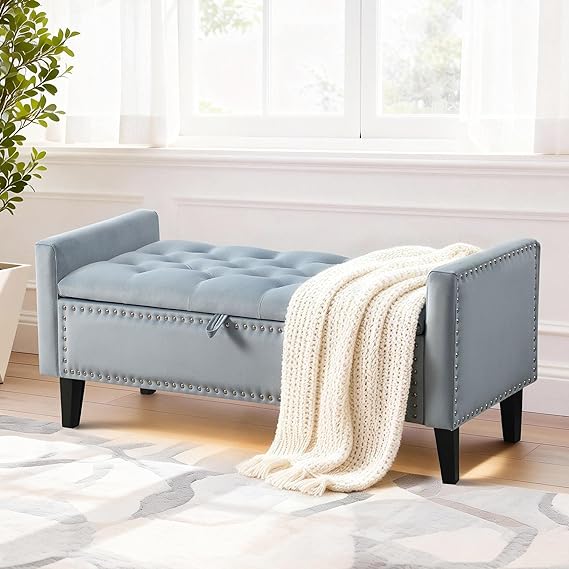 Velvet Storage Ottoman Bench with Arms