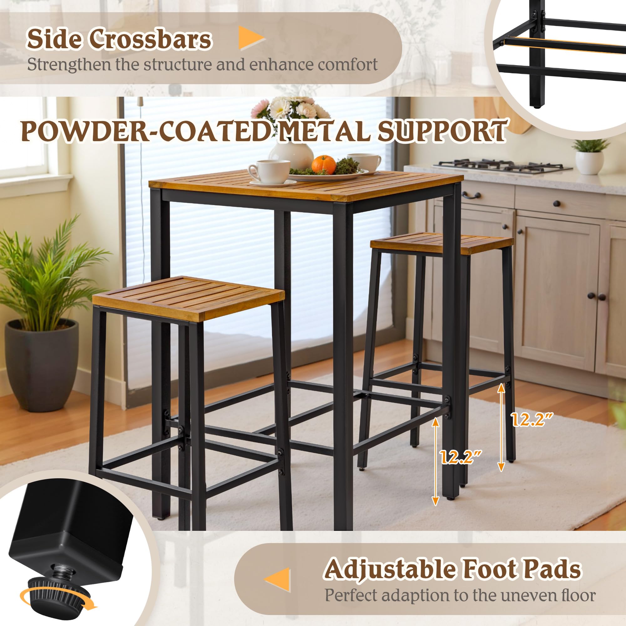 Acacia Wood Outdoor Patio Bar Set with 2 Stools
