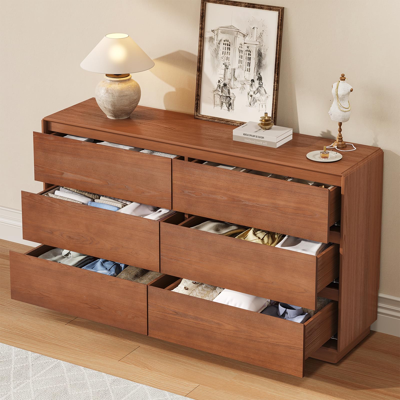 Solid Wood 6 Drawer Dresser 55.2" Wide Mid Century Modern