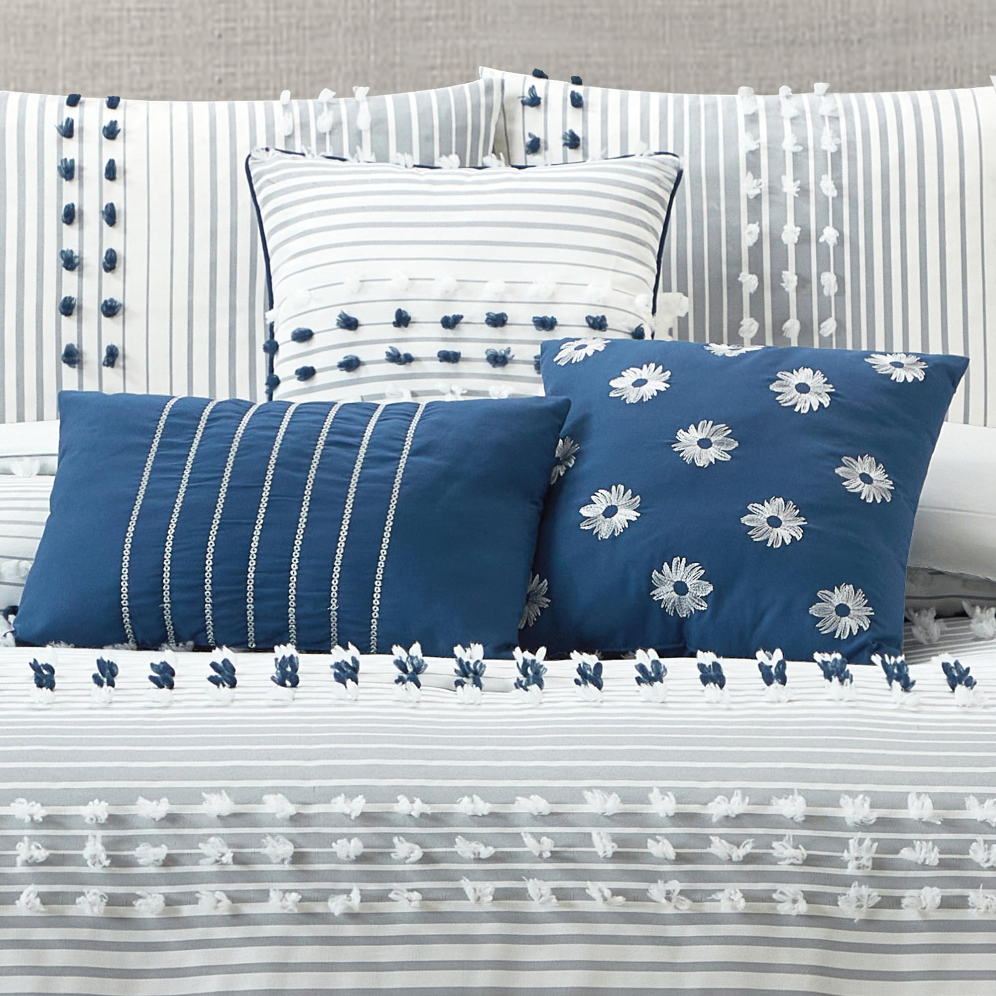 Queen Comforter Set Blue Jacquard Striped 7-Piece