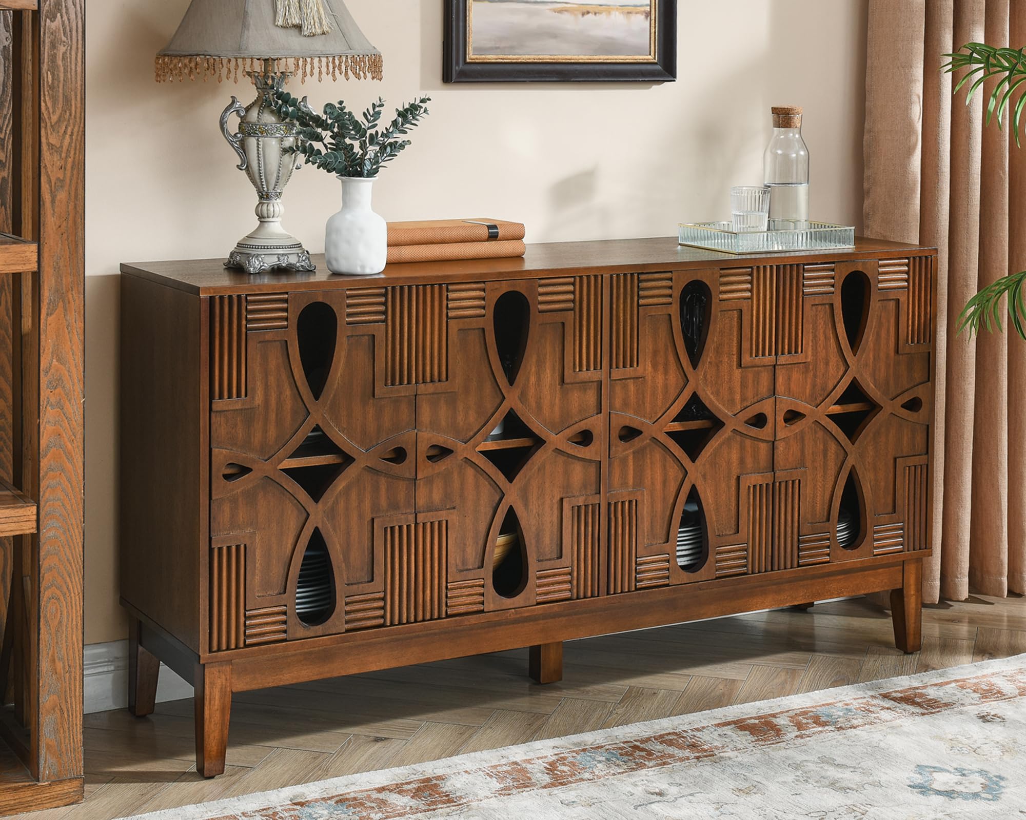 60" Mid Century Modern Sideboard Buffet with Carved Doors