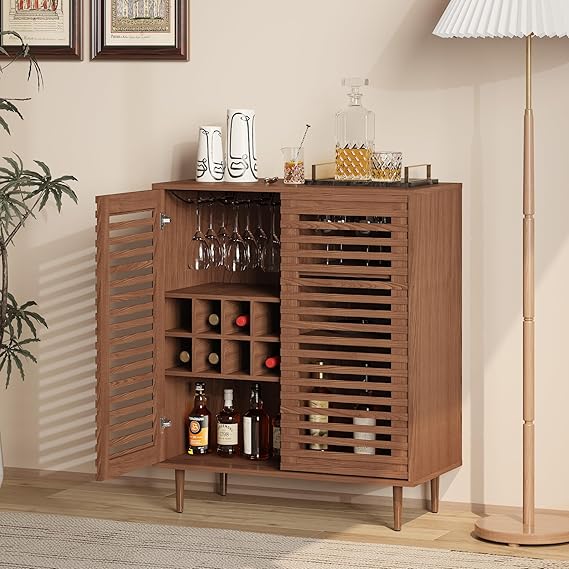 Mid Century Bar Cabinet with Wine Racks and Slatted Doors