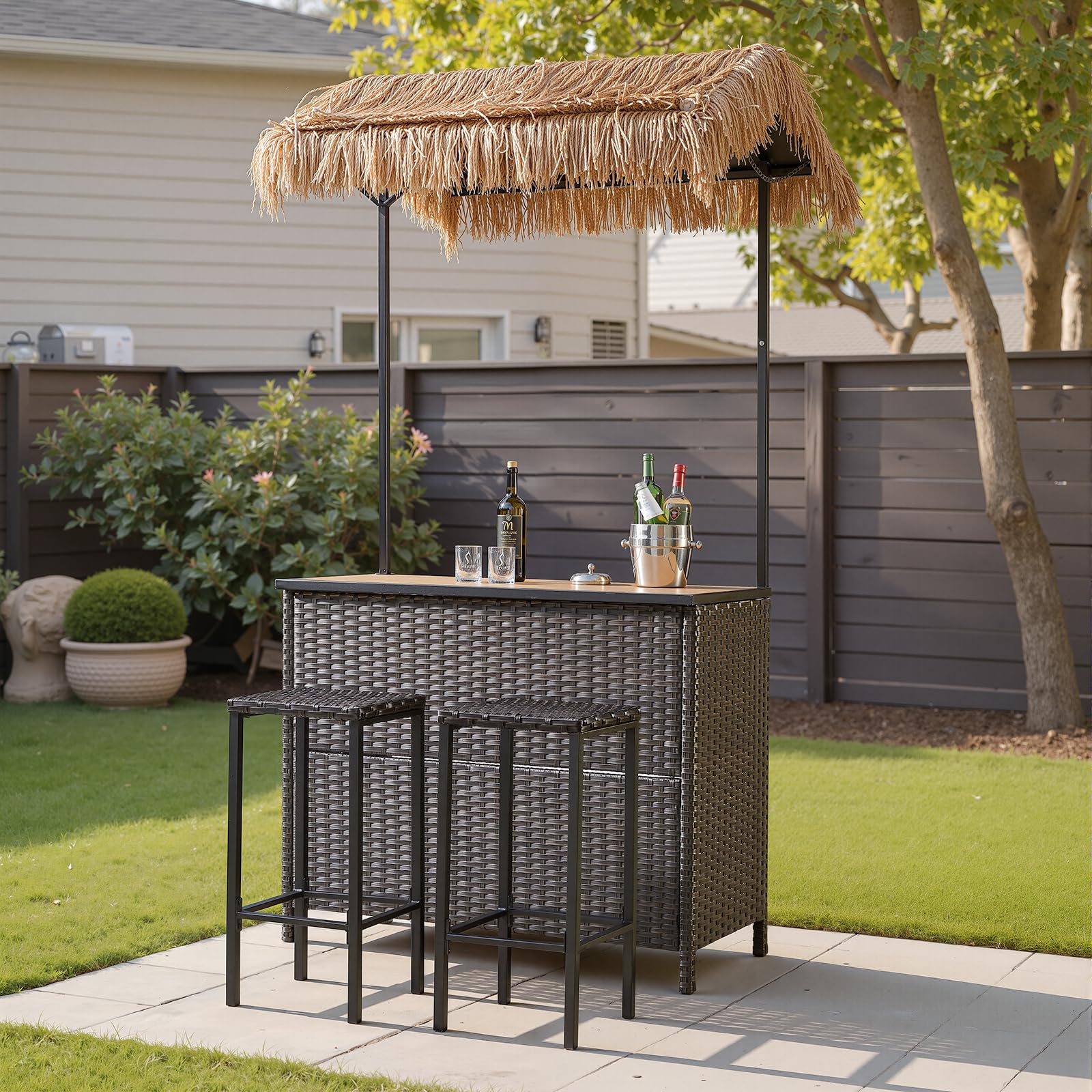 Outdoor Tiki Bar Set with Palapa Top and 2 Stools