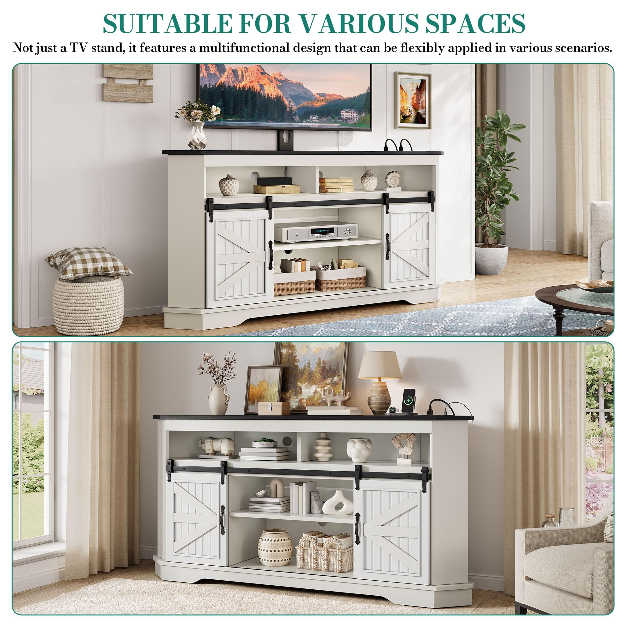 Farmhouse TV Stand with Mount and Power Outlet for 70 Inch TV