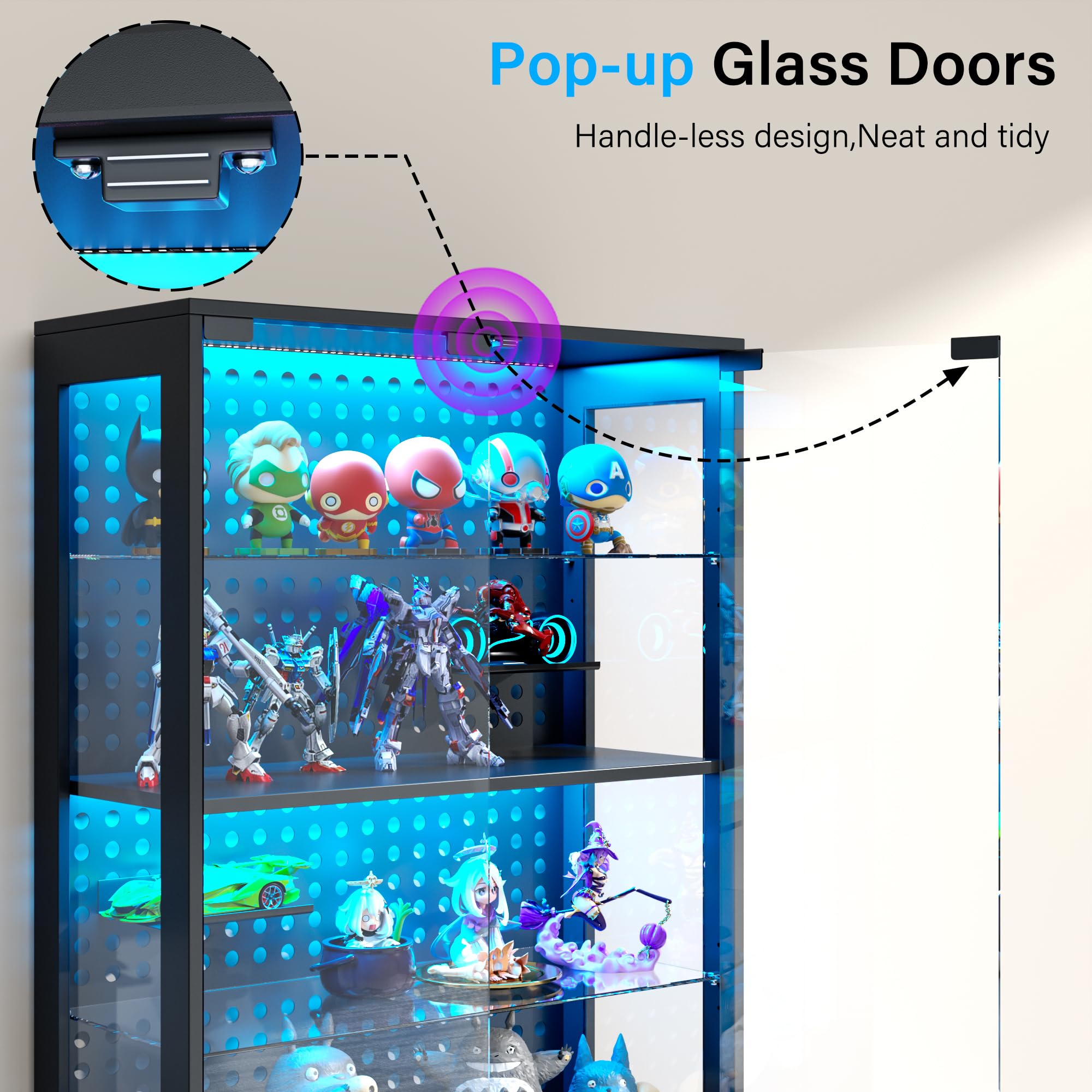 65" Glass Display Cabinet with LED Lights, Drawer & Pegboard
