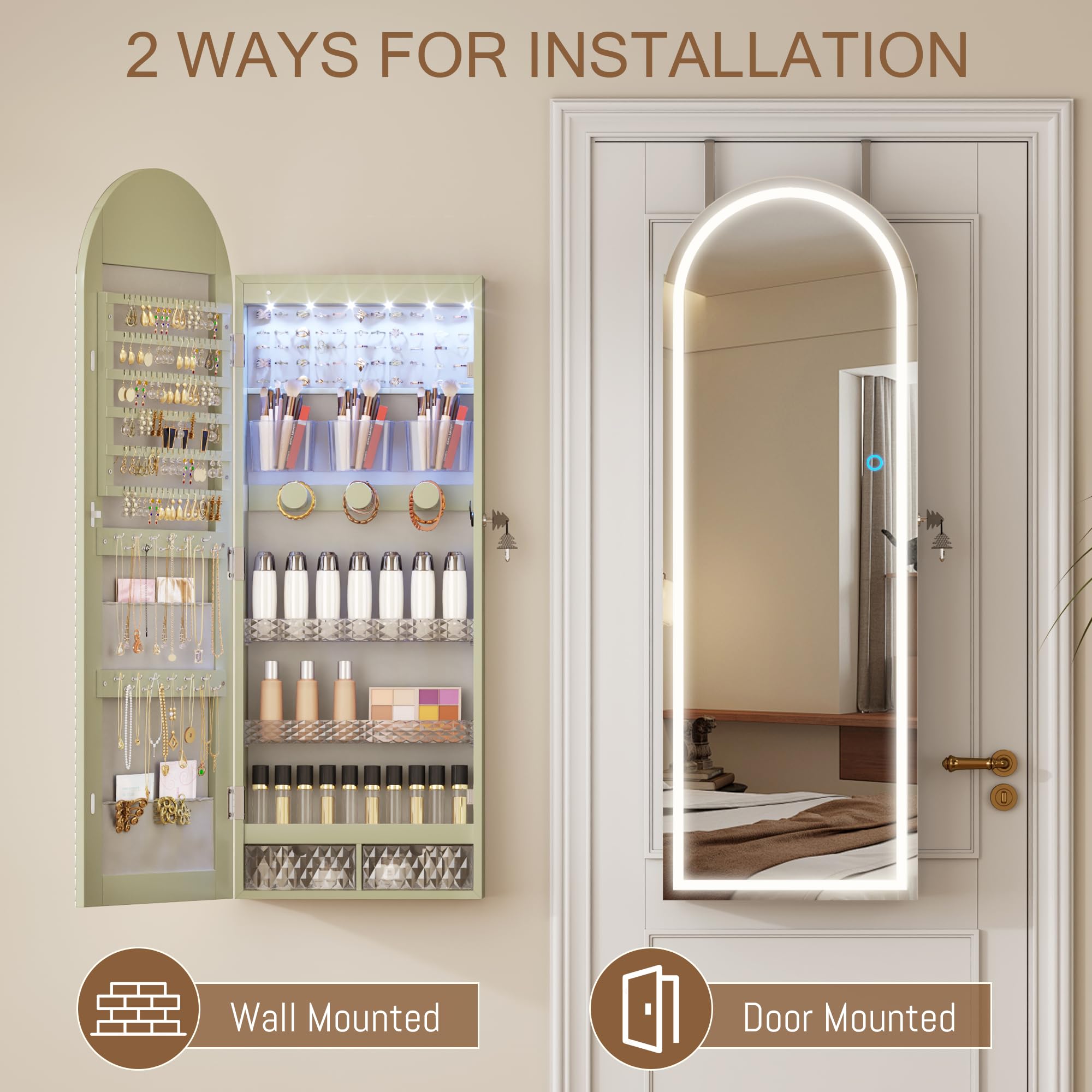 Wall Mounted Jewelry Organizer with LED Mirror