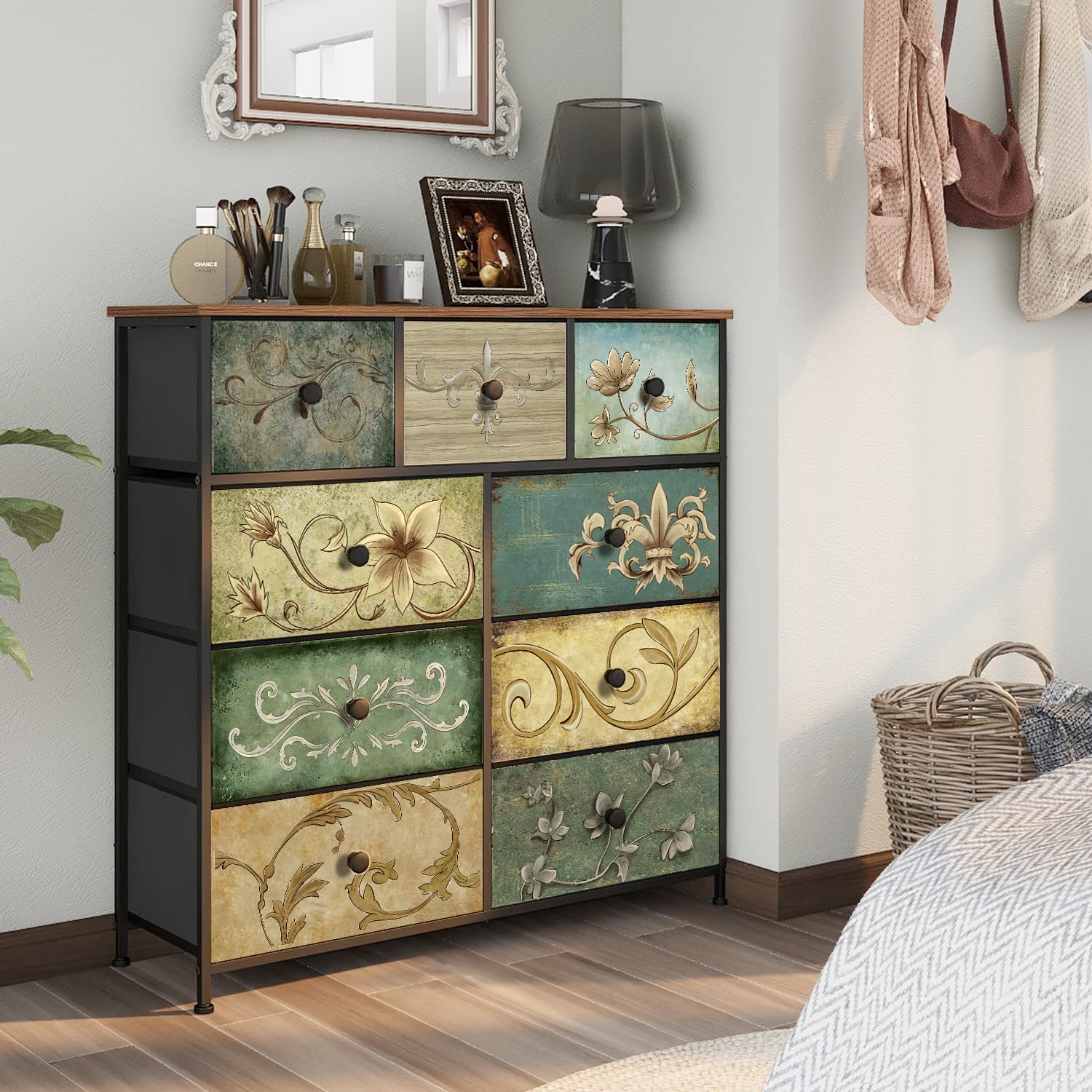 9-Drawer Fabric Dresser with Retro Floral Pattern