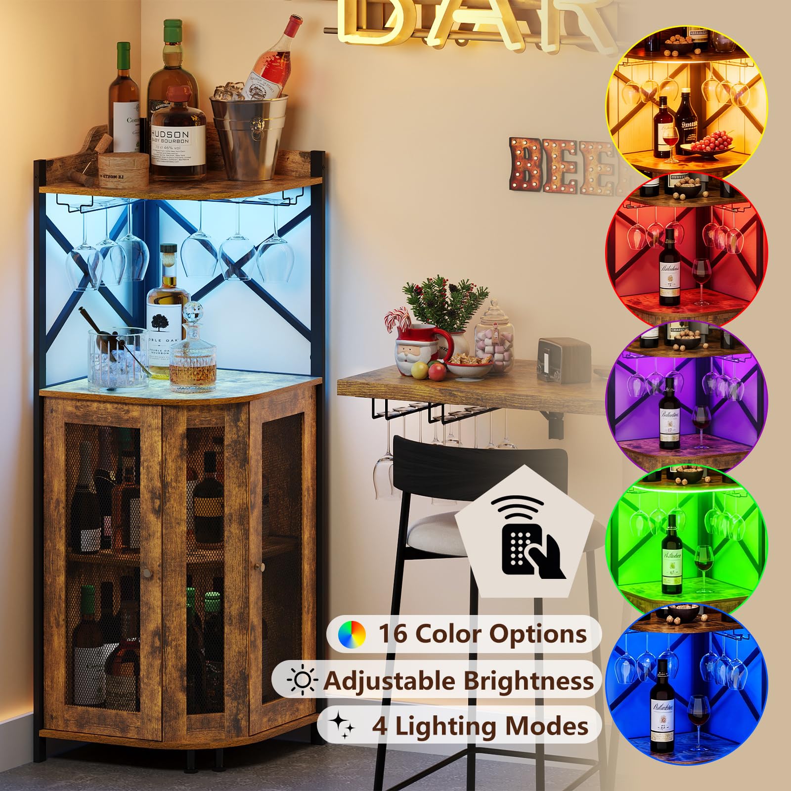 Corner Wine Bar Cabinet with LED Lights
