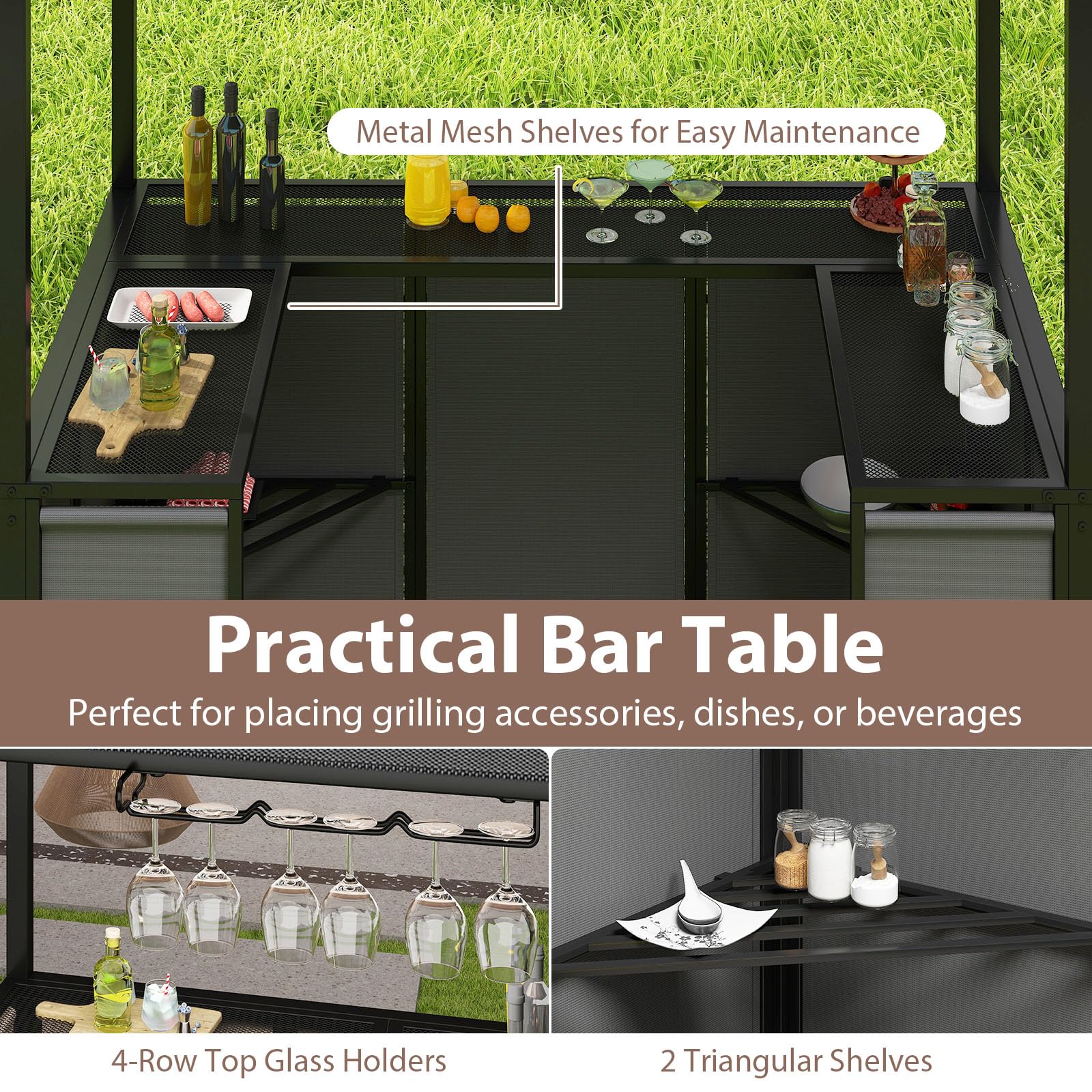 Grill Gazebo Bar Set with Awning and Foldable Stools
