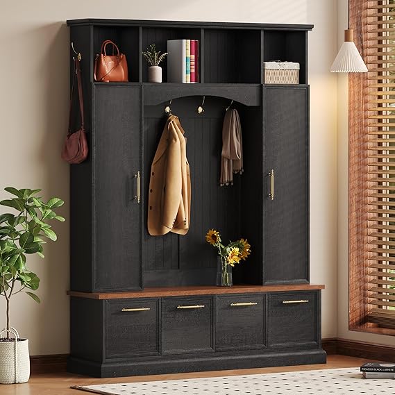 59" Farmhouse Hall Tree with Bench and Shoe Storage