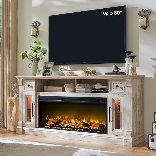 Fireplace TV Stand for 80 Inch TV with Electric Fireplace & LED Lights