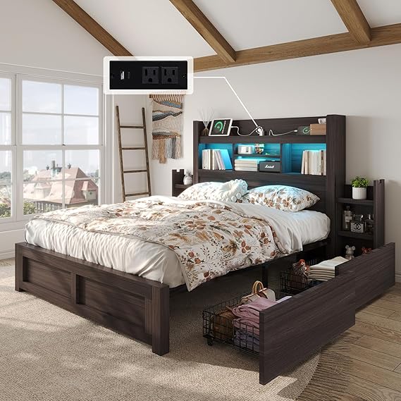 King Bed Frame with Bookcase Headboard and Storage Drawers