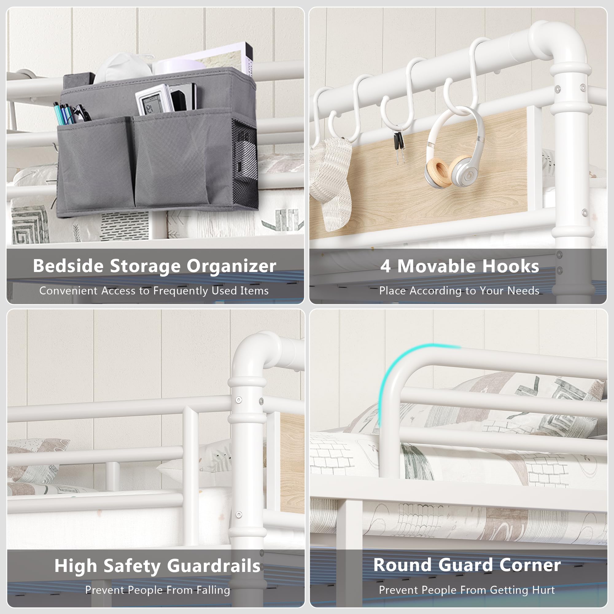 Twin Loft Bed with L-Shaped Desk and LED Lights