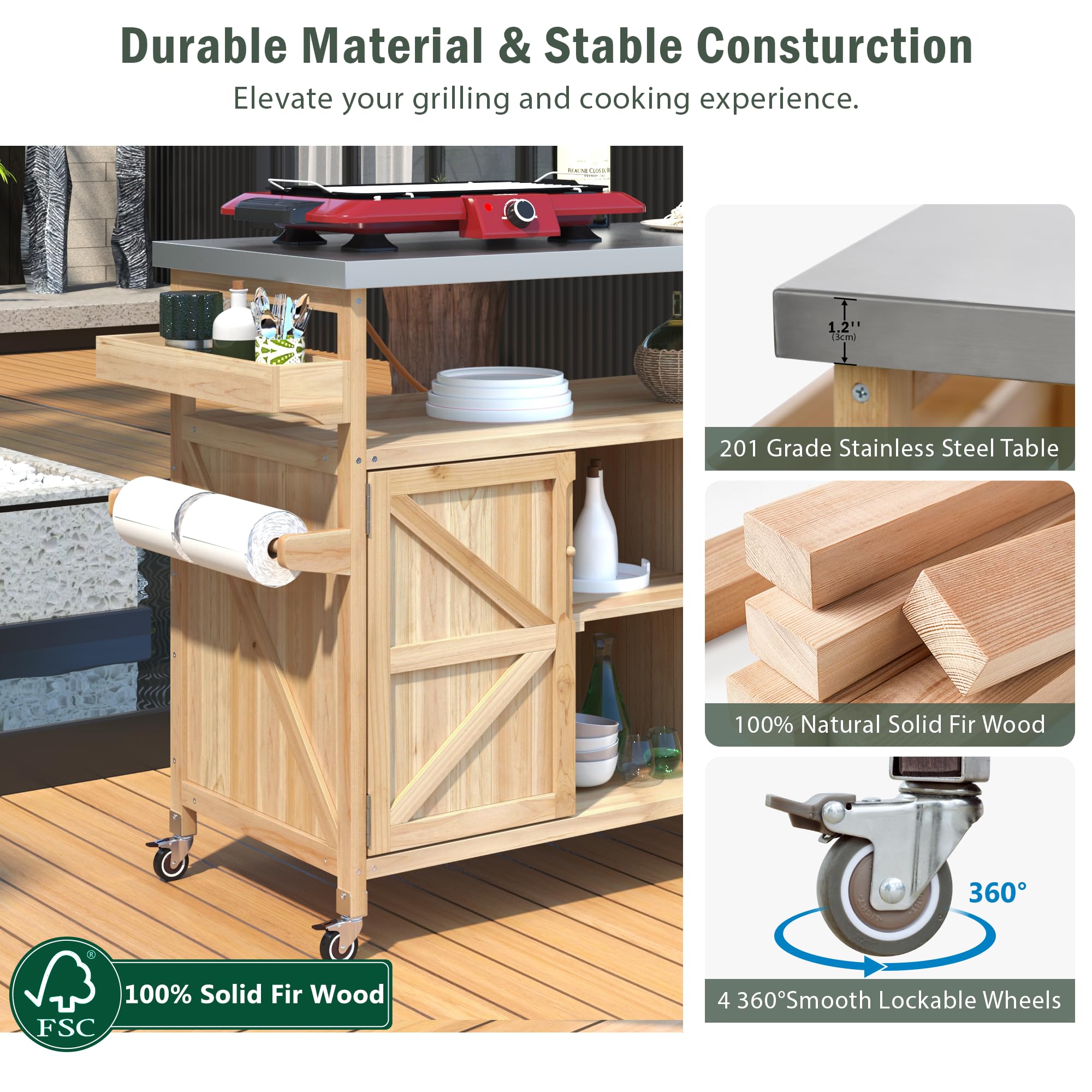 Outdoor Kitchen Island on Wheels with Stainless Steel Top & Storage Cabinet – Natural Fir Wood
