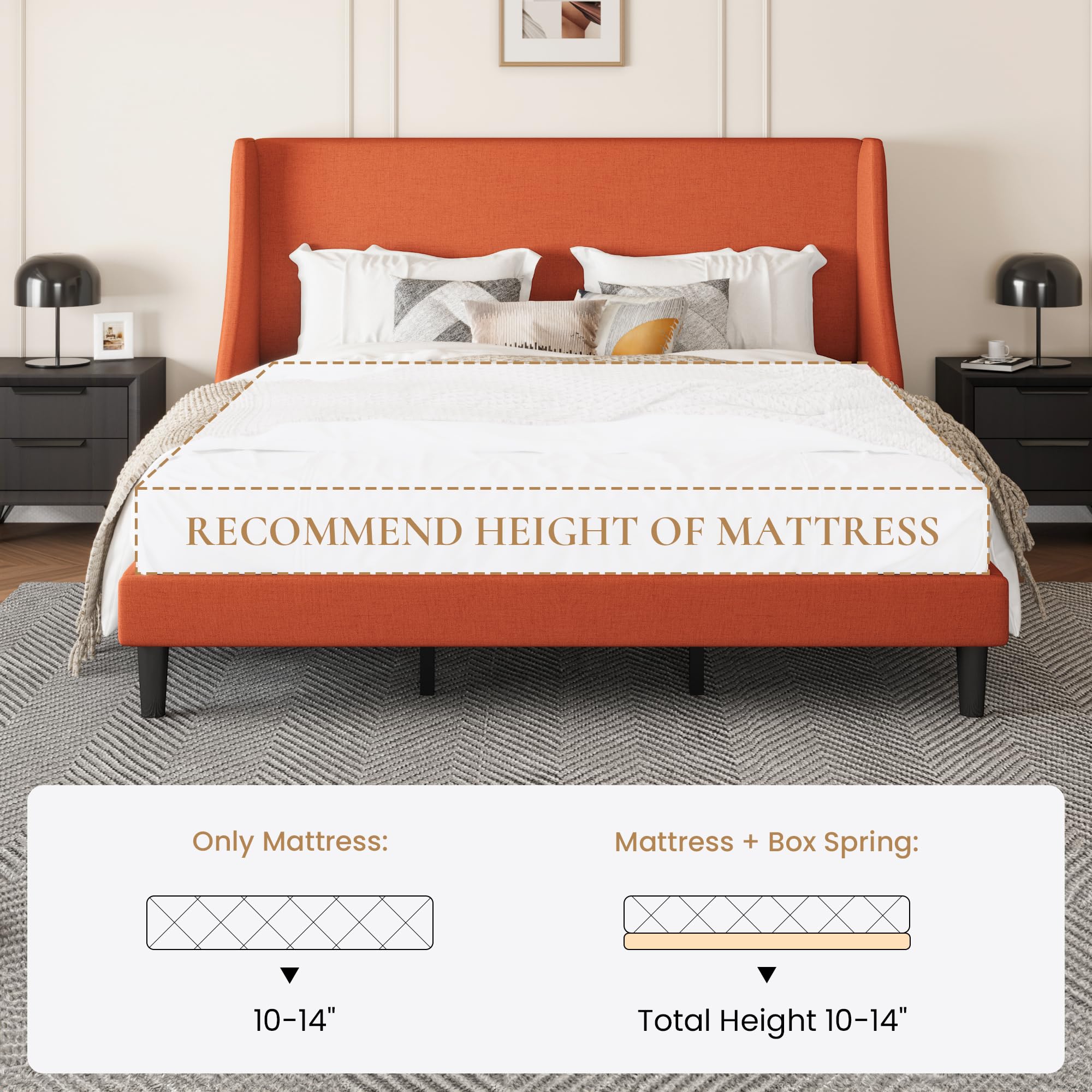 Upholstered King Bed Frame with Wingback Headboard