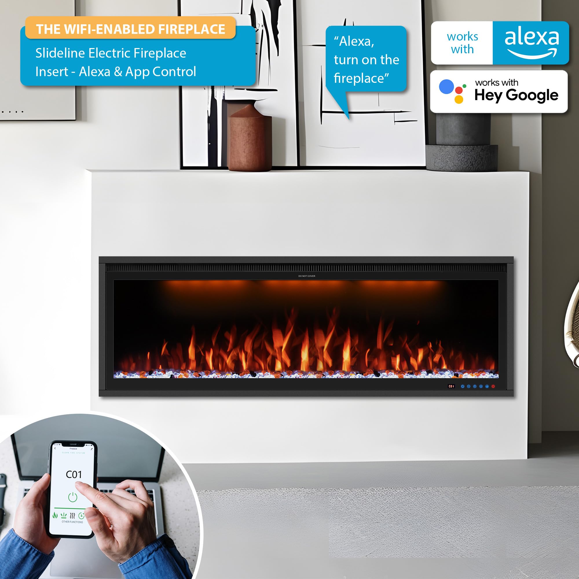 60" WiFi-Enabled Electric Fireplace Insert with App Control